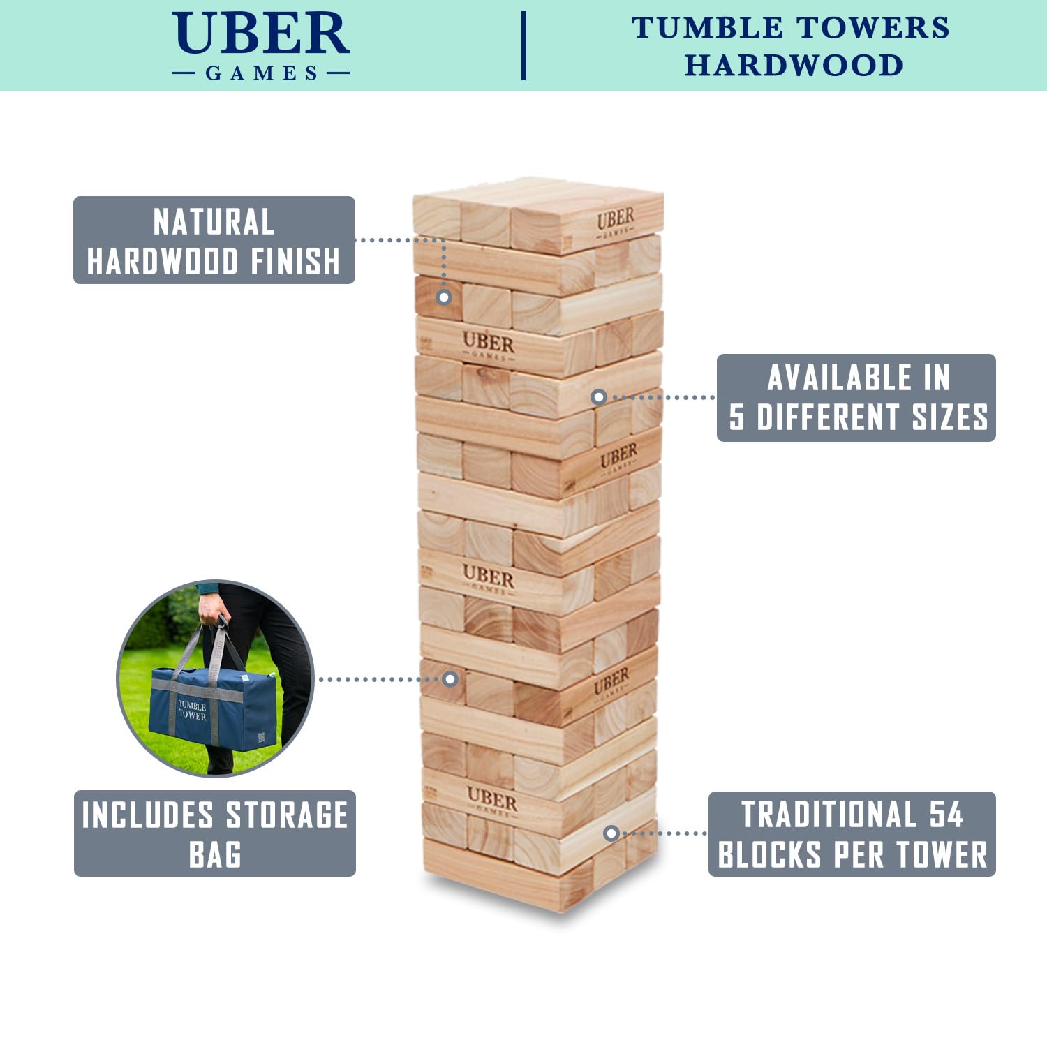 Uber Games Stapelturm aus Hartholz - Midi - 5 KG - bis zu 90+ cm hoch - ECO Made in India - In Luxus-Tragetasche