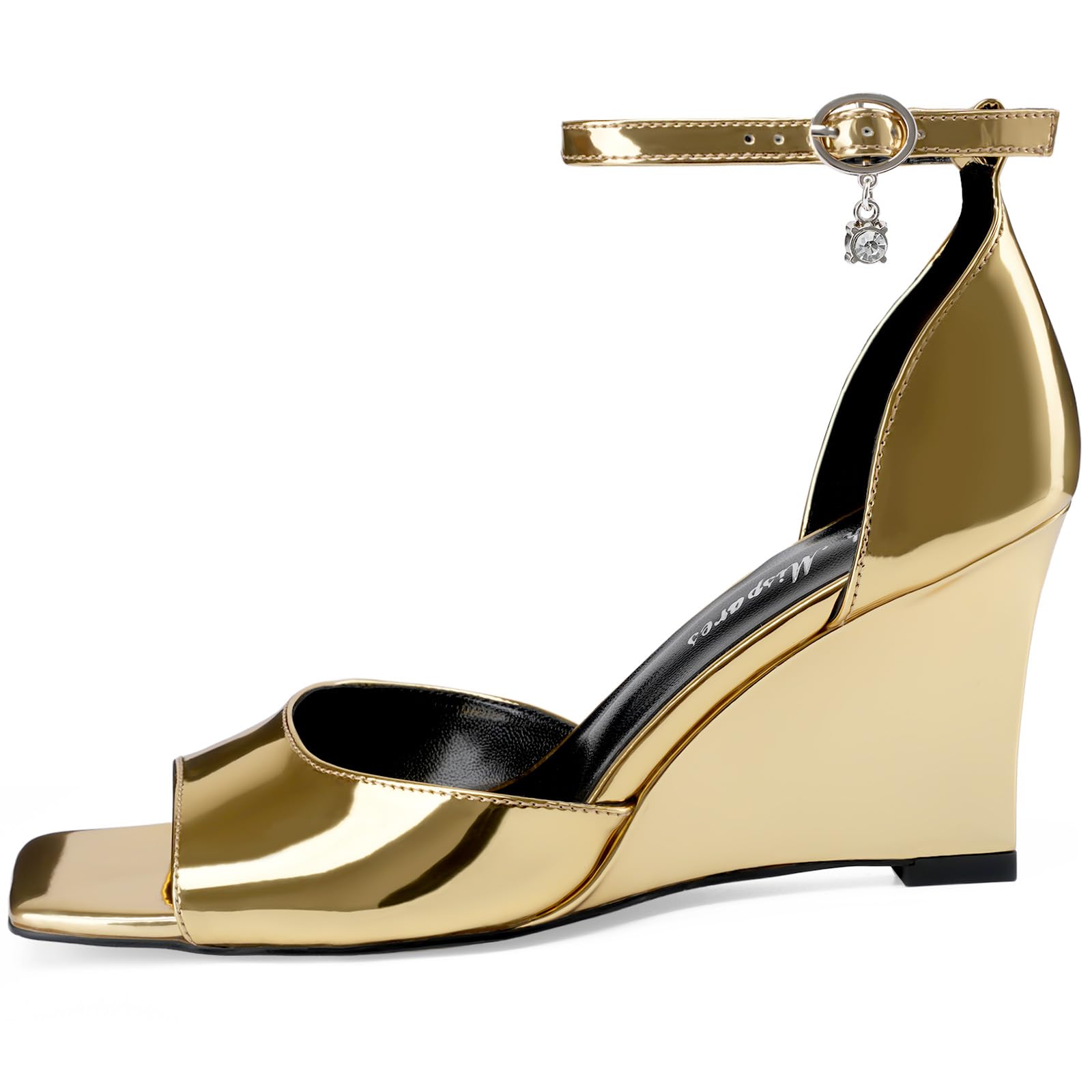 Oh Mispares Black Wedge Heels for Women Square Toe Sandals Ankle Strap 3.5 Inch Elegant Wedding Sandals for Brides