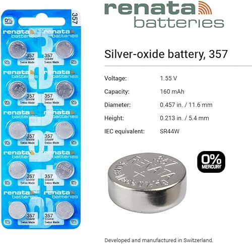 Miniatura 8 de Renata 357 SR44W Baterías  1.55 V Óxido de Plata 357 Batería de reloj (10 unidades)