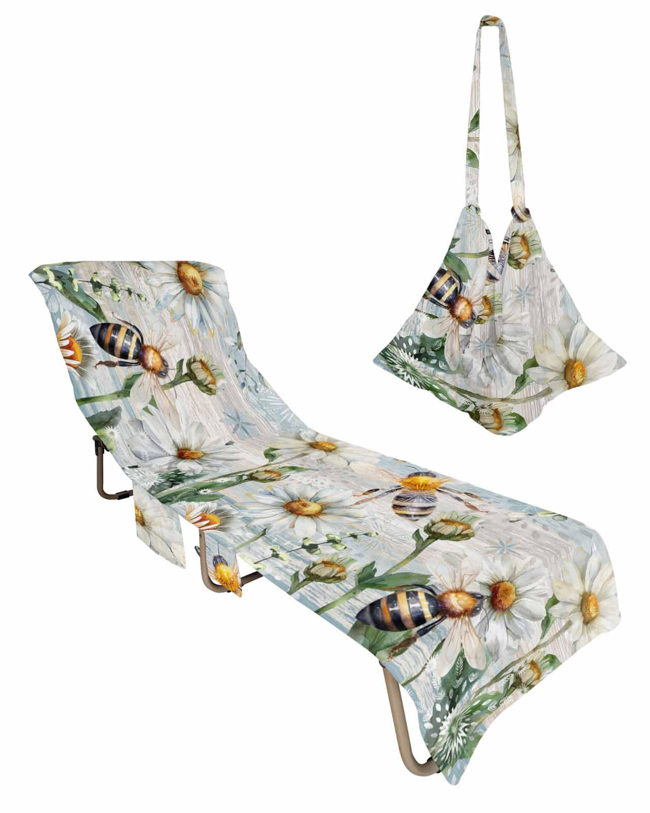 Bee Flower Beach Chair Towel Covers for Chaise Lounge With Side Pocket, Soft Plush Pool Towels Cover for Patio Sunbathing Outdoor 29''x85'' Farmhouse Blue Floral Spring Summer Wood
