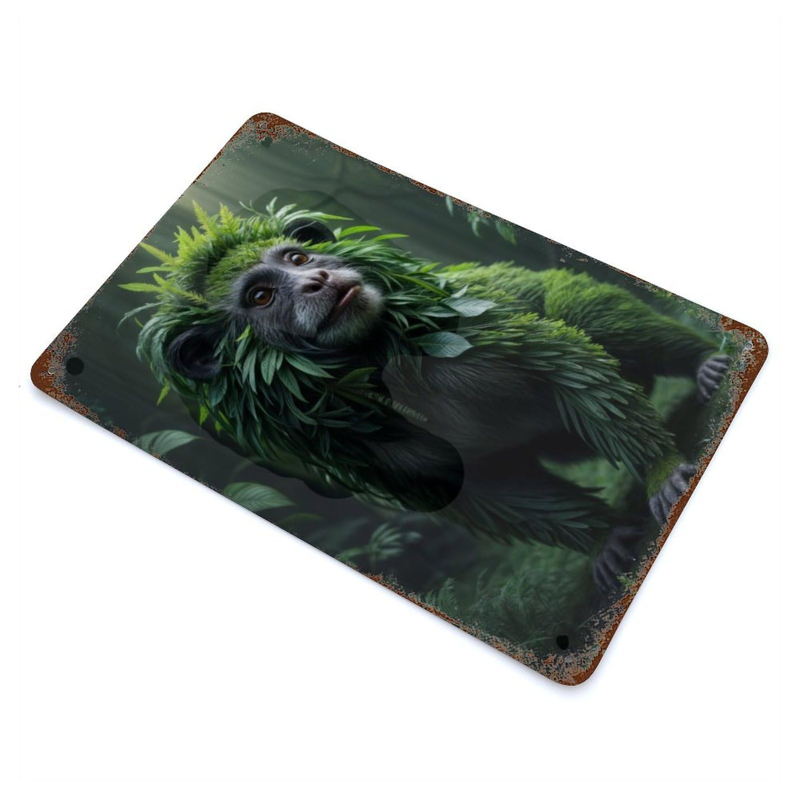 Monkey in Foliage Weathered Tin Sign 11.8"x7.9", Retro Wall Decor for Pub, Kitchen And Man Cave Decor