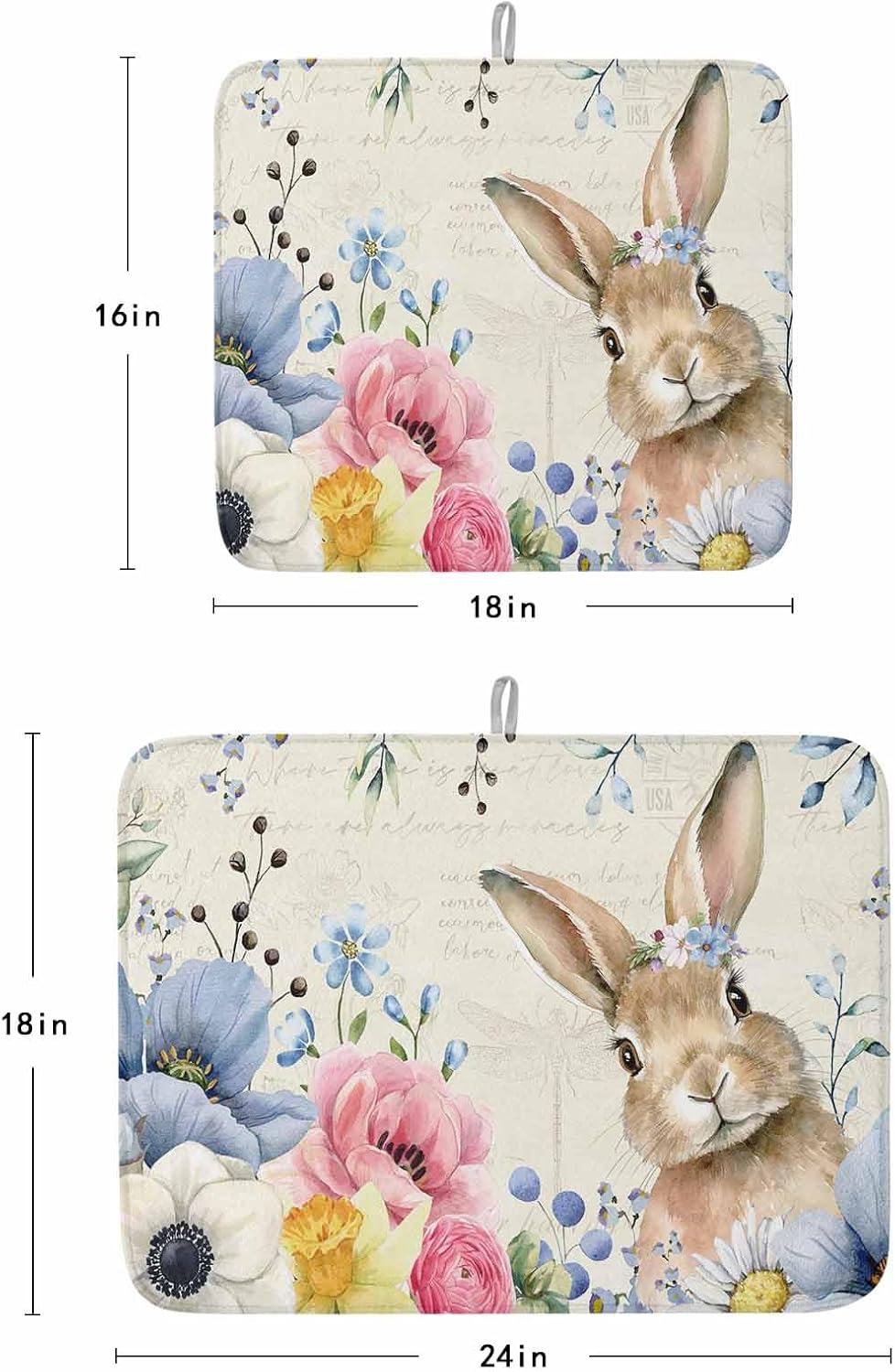 Easter Dish Drying Mat for Kitchen Counter Bunny Drying Pad Absorbent Drying Mats for Countertops Sinks Draining Racks Rabbit Floral Reversible Drainer Seasonal Spring Holiday Decor 16x18