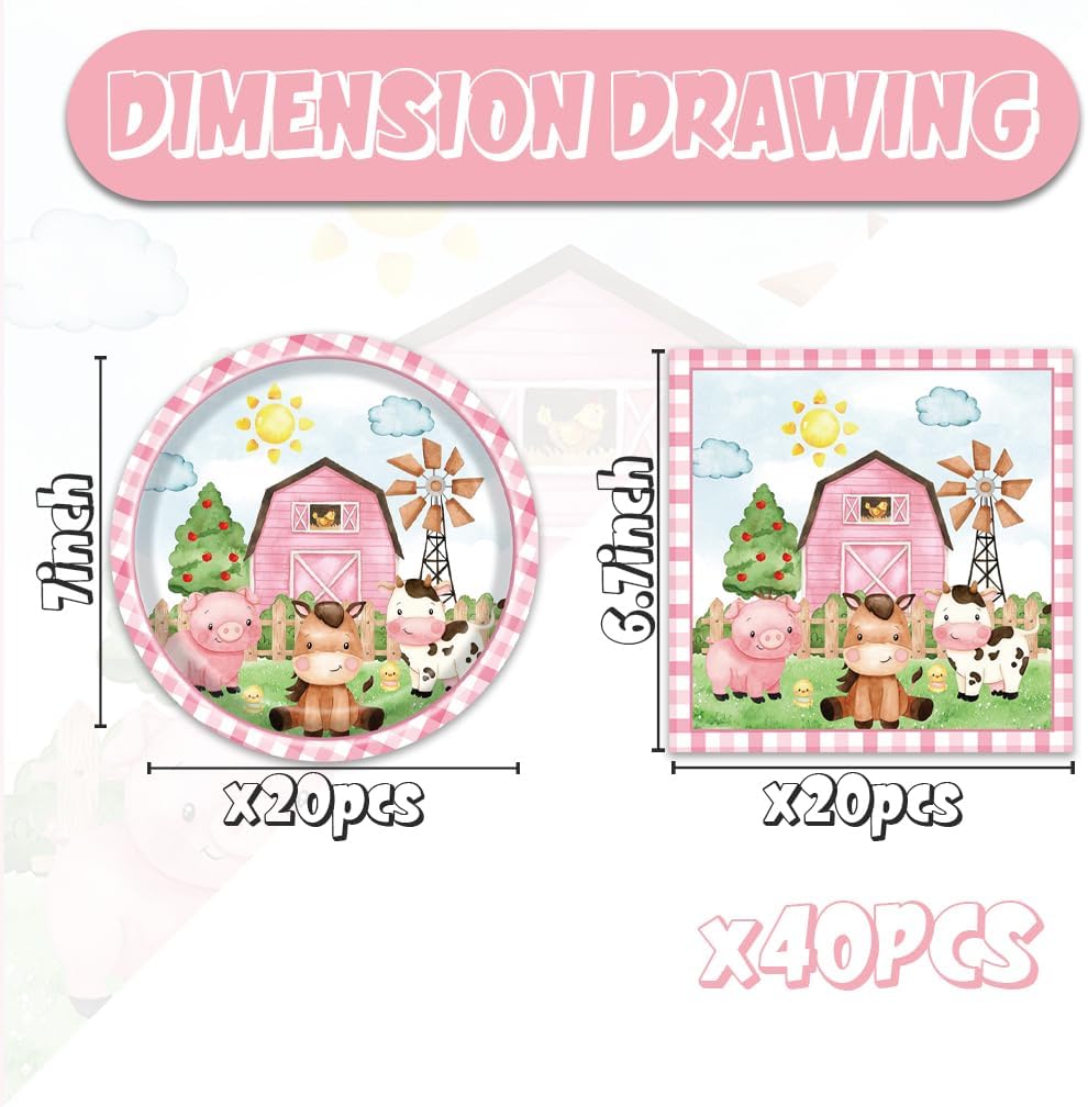 40pcs Farm Animals Party Supplies Plates and Npakins Farm House Animal Barnyard Theme Birthday Party Decorations Pink Barn Animal Baby Shower Tableware Sets - Image 2