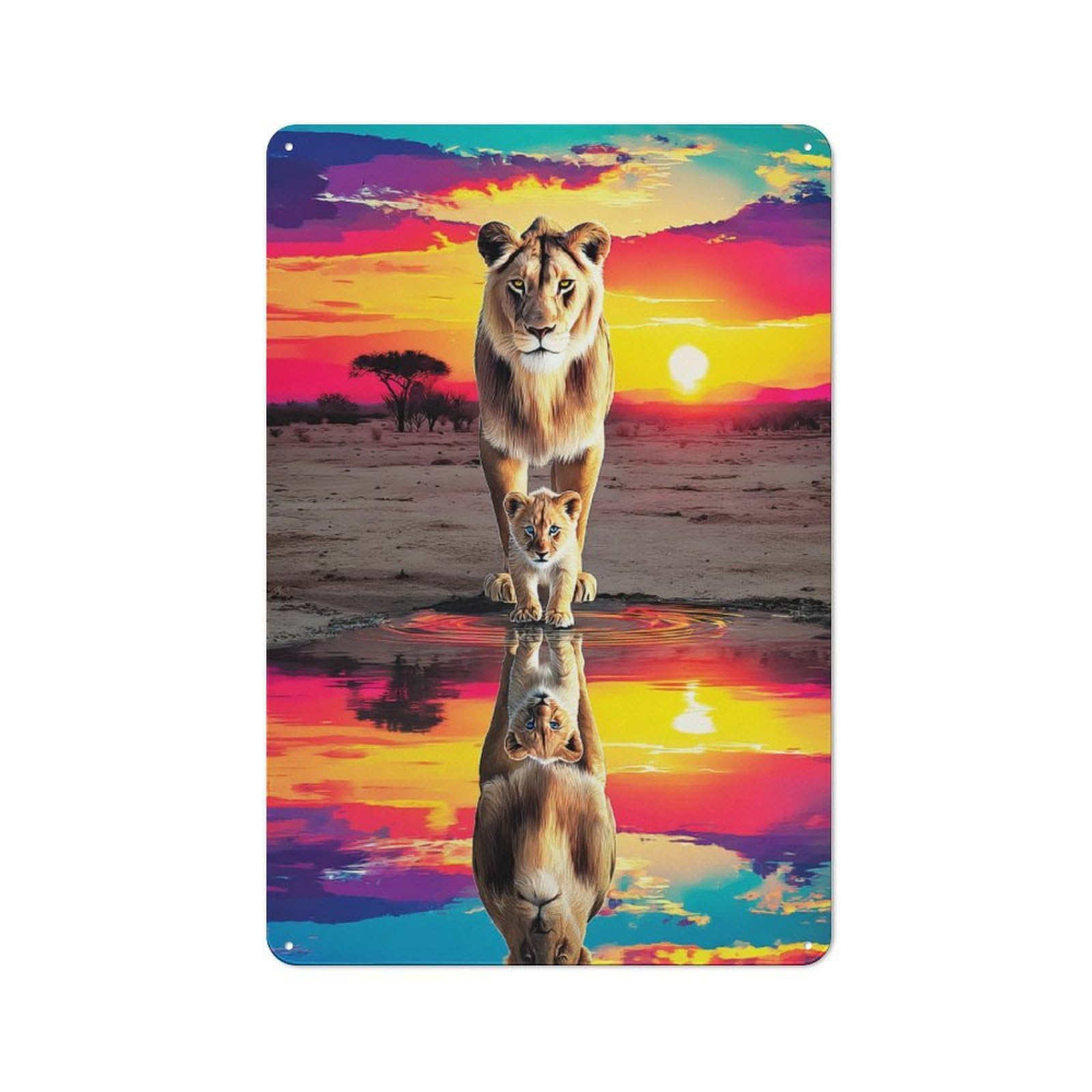 Junmoney Lioness And Cub Reflection -1 Tin Wall Plaque 30X20cm With For Kitchen Or Home Bar, A Christmas Gift For People Styling Kitchen And Home Bar