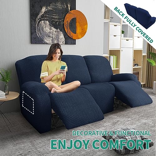 Image of YEMYHOM 8 Pieces Stretch Recliner Sofa Cover Jacquard Reclining Couch Cover with Side Pocket Anti-Slip Fitted 3 Cushion Furniture Slipcovers with Elastic Bottom (Large, Navy)