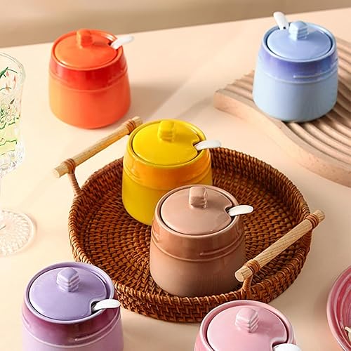 Miniatura 8 de Recipiente de porcelana para condimentos con tapa, cuchara, tazones de azúcar de cerámica, caja de condimentos, tarros de sal, té para encimera de