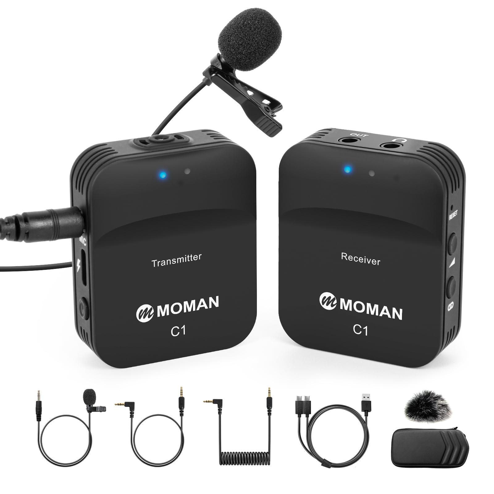 Moman Lavalier Wireless C1 Microphone, 2.4 GHz Professional Wireless Microphone 200 m 8 Hour for Smartphone DSLR SLR Camcorder Laptop, Lavalier-Professional-Camera
