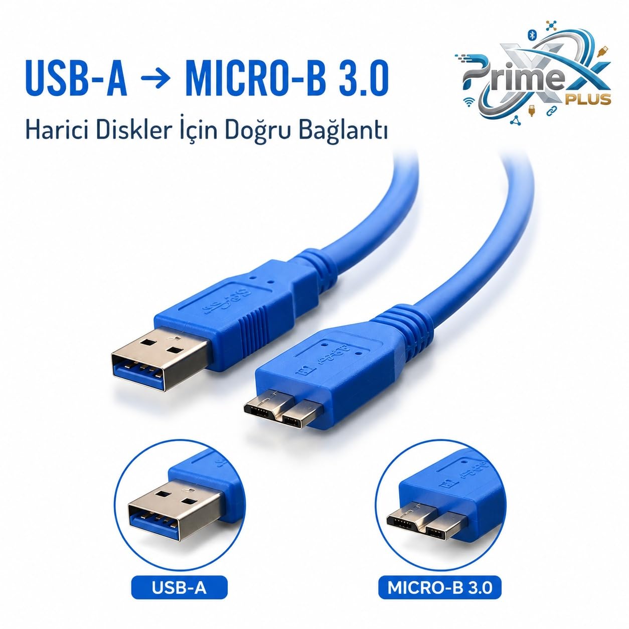 PrimeX PX-4120 USB 3.0 30 cm Taşınabilir Harddisk Kablosu, USB-A to Micro-B Harici Disk Data ve Güç Kablosu, WD Seagate Toshiba Samsung Adata Intenso Uyumlu Kısa USB 3.0 HDD SSD Bağlantı Kablosu