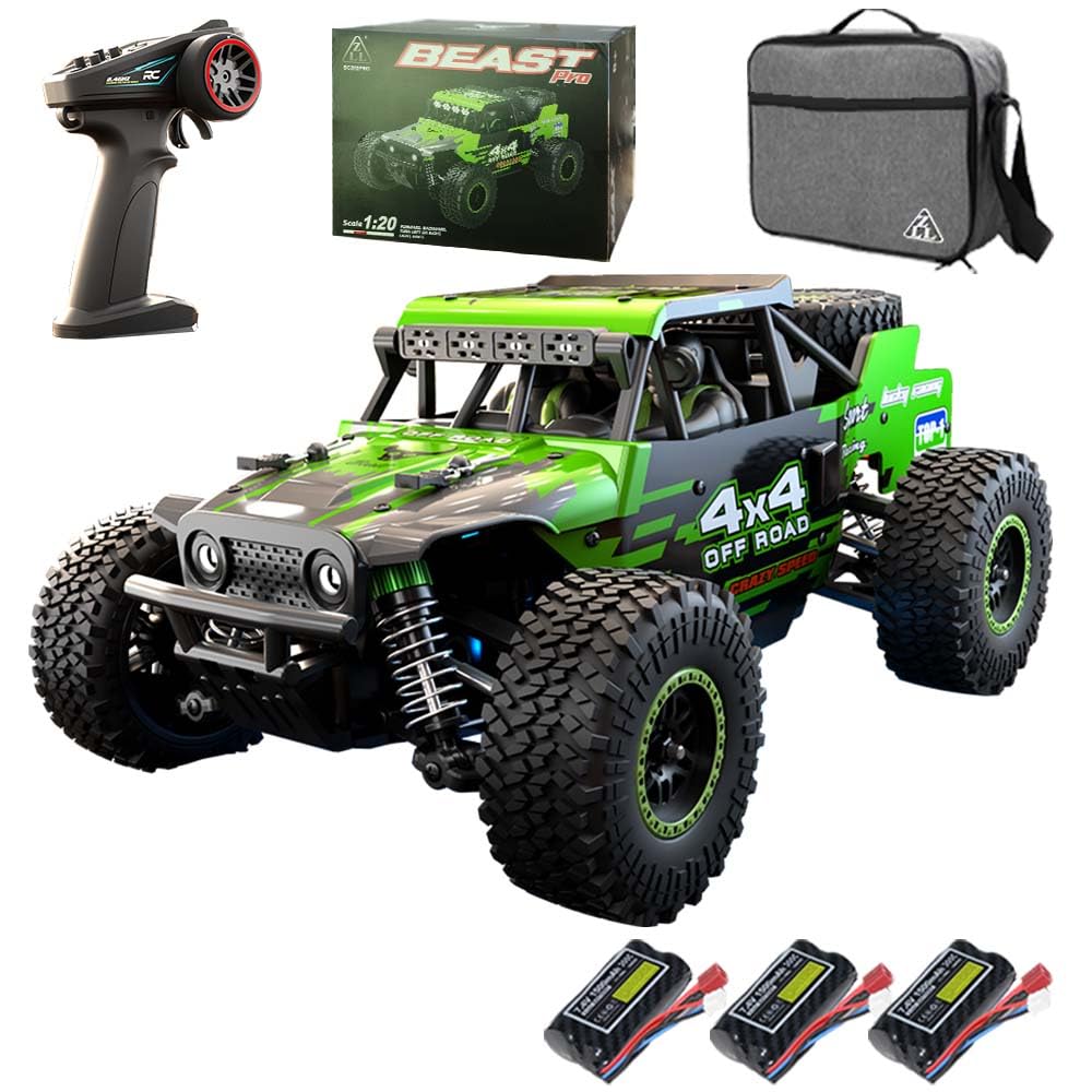Zdalnie sterowany samochód 1/20 4WD RC dla dorosłych, 40 km/h, silnik ze szczotką węglową RC MonsterTruck, 2,4 GHz, samochód wyścigowy terenowy, 3 baterie (zielony)
