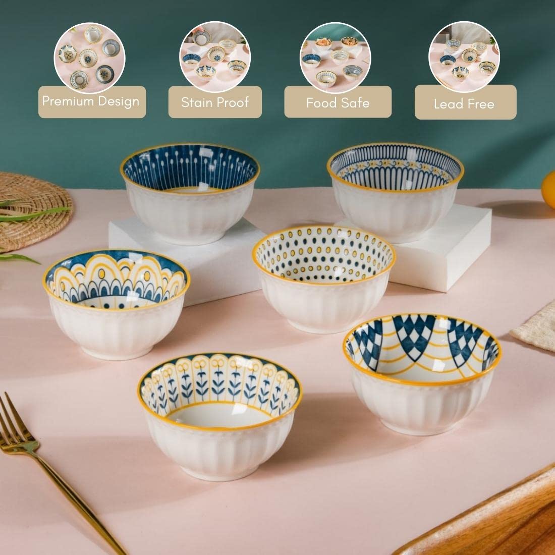 Nestasia Ceramic Bowl Set of 6 | Microwave & Dishwasher Safe Snack Bowls | Different Patterns with Textured Exterior | Ideal for Snacks, Soup, Rice, Dal, Curries, Sabji (280ml) 1