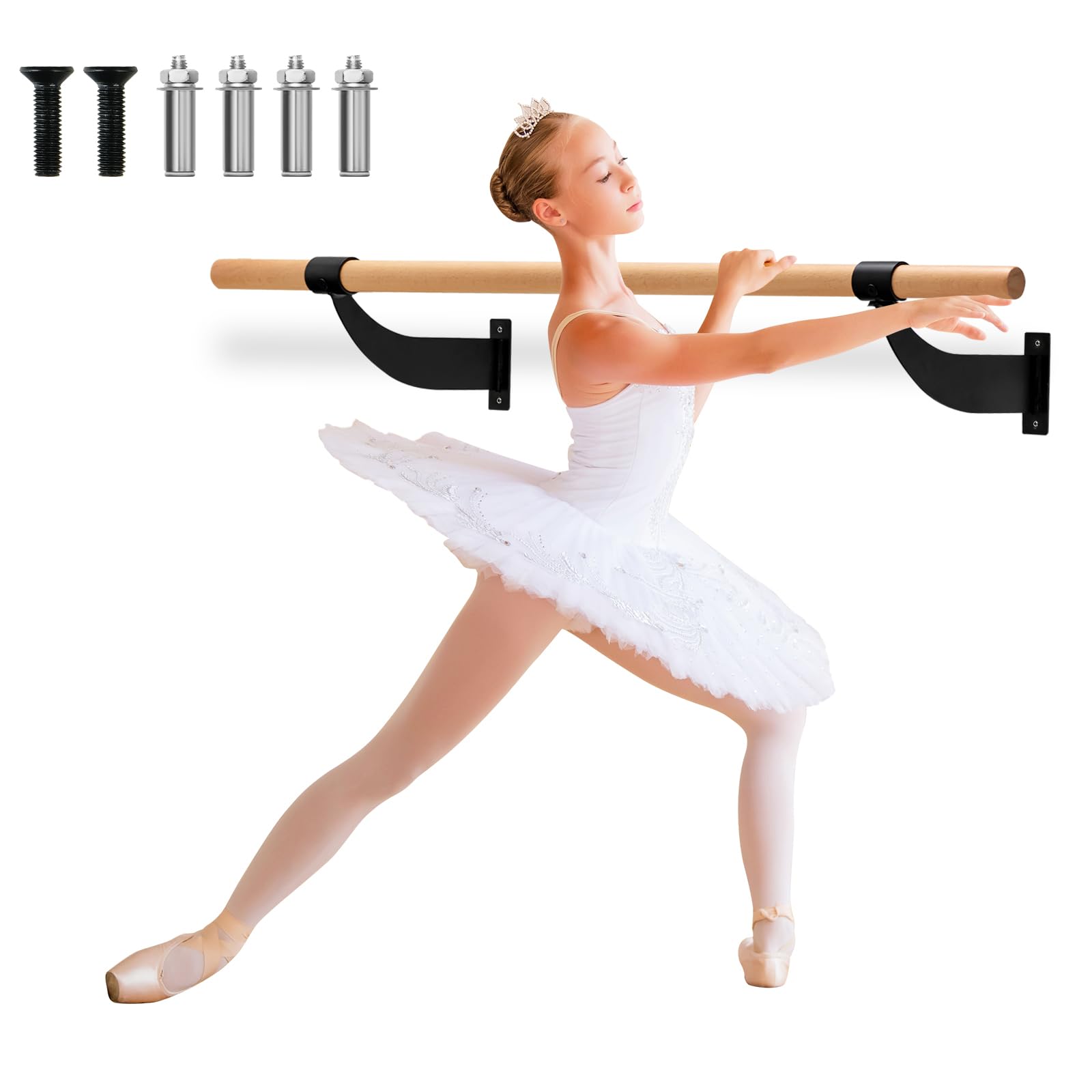 KOMFOTTEU Ballettstange 120cm Wandmontage, Ballett Tanzstange Ø 38 mm aus Buchenholz, Ballettstangenhalter Übungsstange für Yoga Stretching Fitnessstudio