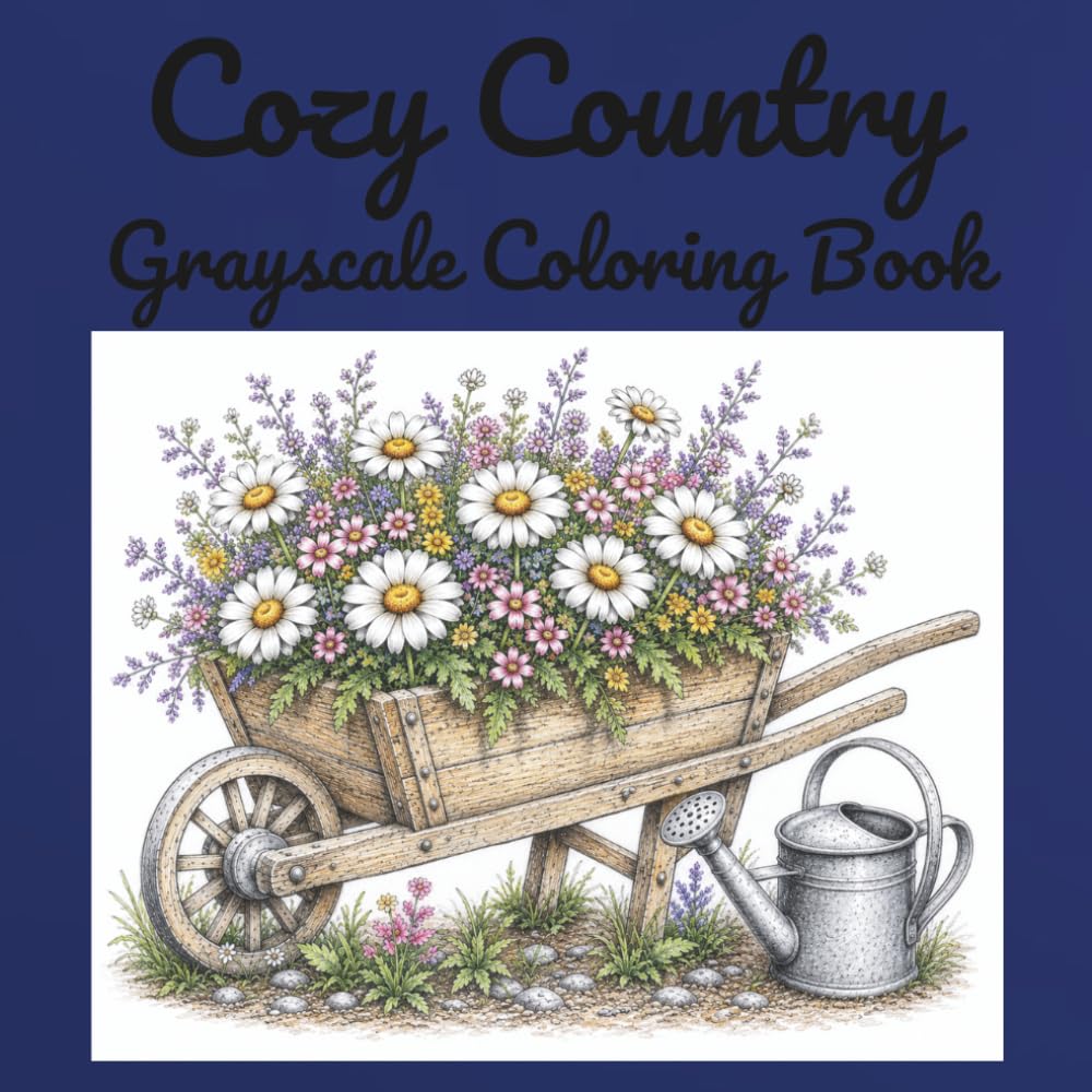 Cozy Country Grayscale Coloring Book: Step into a peaceful countryside world with this beautiful grayscale coloring book!