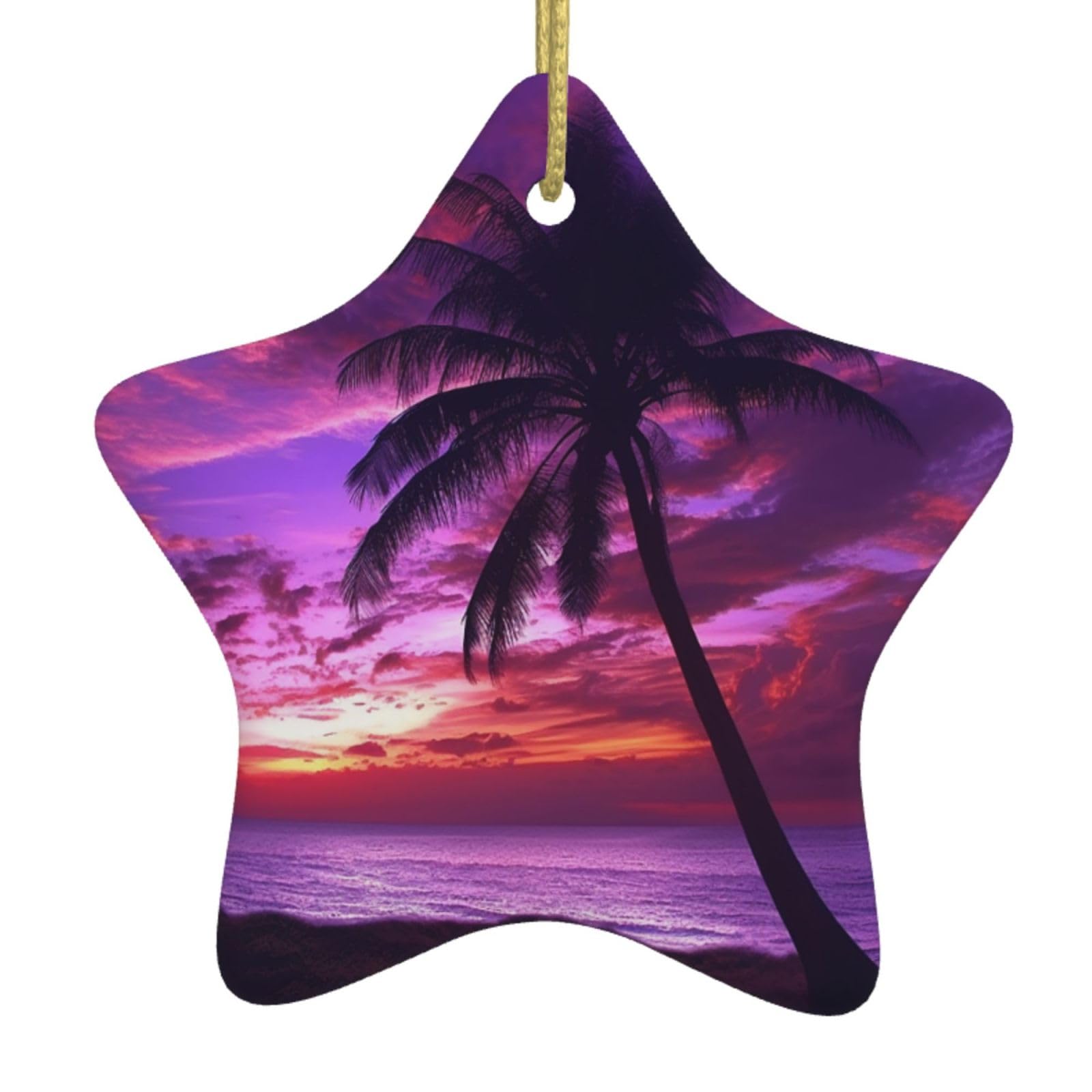 Ceramic Christmas Tree Hanging Ornaments with Gold Ropes Christmas Tree Decorations Star Ceramic Palm Tree Purple Sunset Pendant Keepsake Decorations for Holiday Xmas Gift Ideas