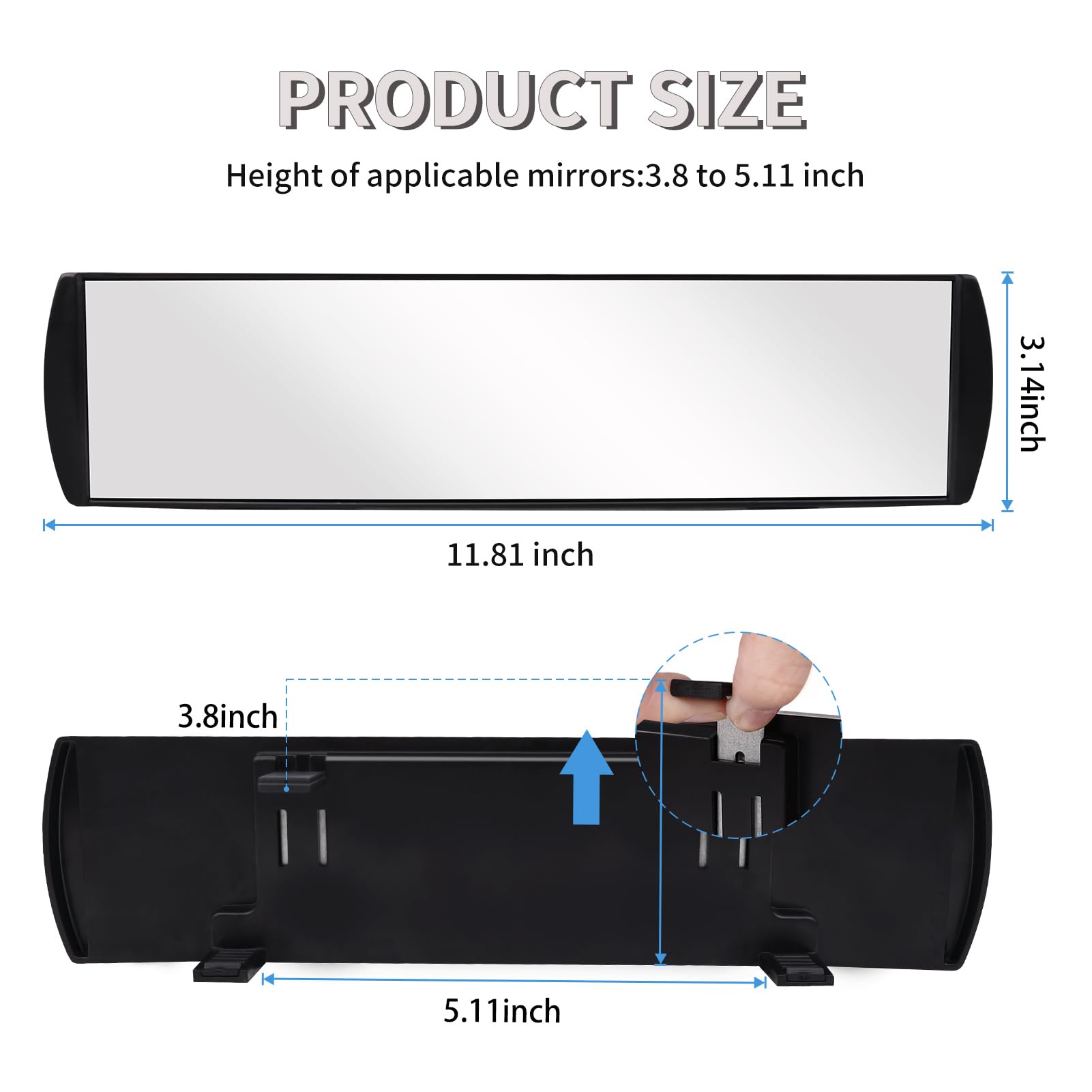 Rear View Mirror Universal, Interior Clip-on Wide Angle Rear View Mirror, 11.81 Inch Panoramic Convex Rearview Mirror to Reduce Blind Spot Effectively