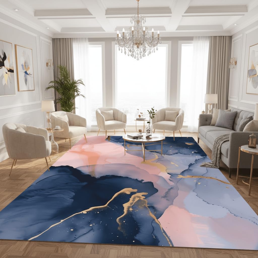 Marble Modern Texture Navy Blue Pink Gold Area Rug for Living Room Bedroom Diningroom Nursery Room Playroom Washable 5x7 Rugs Boho Aesthetic Home