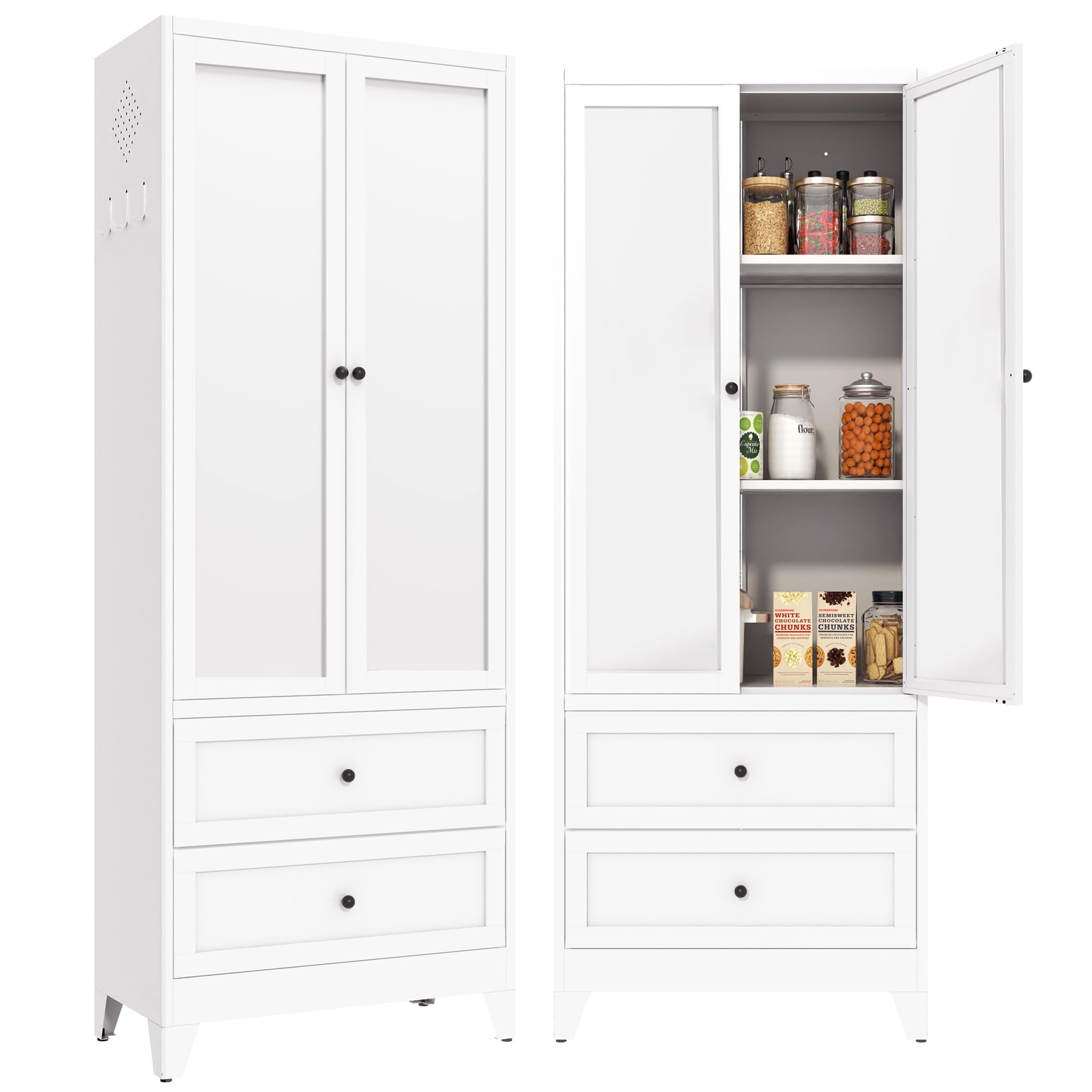 VIYET 72" Tall Kitchen Pantry Cabinet,White Metal Pantry Cabinet with 2 Drawers & 2 Adjustable Shelves,Utility Storage Cabinet Rust-Resistant for