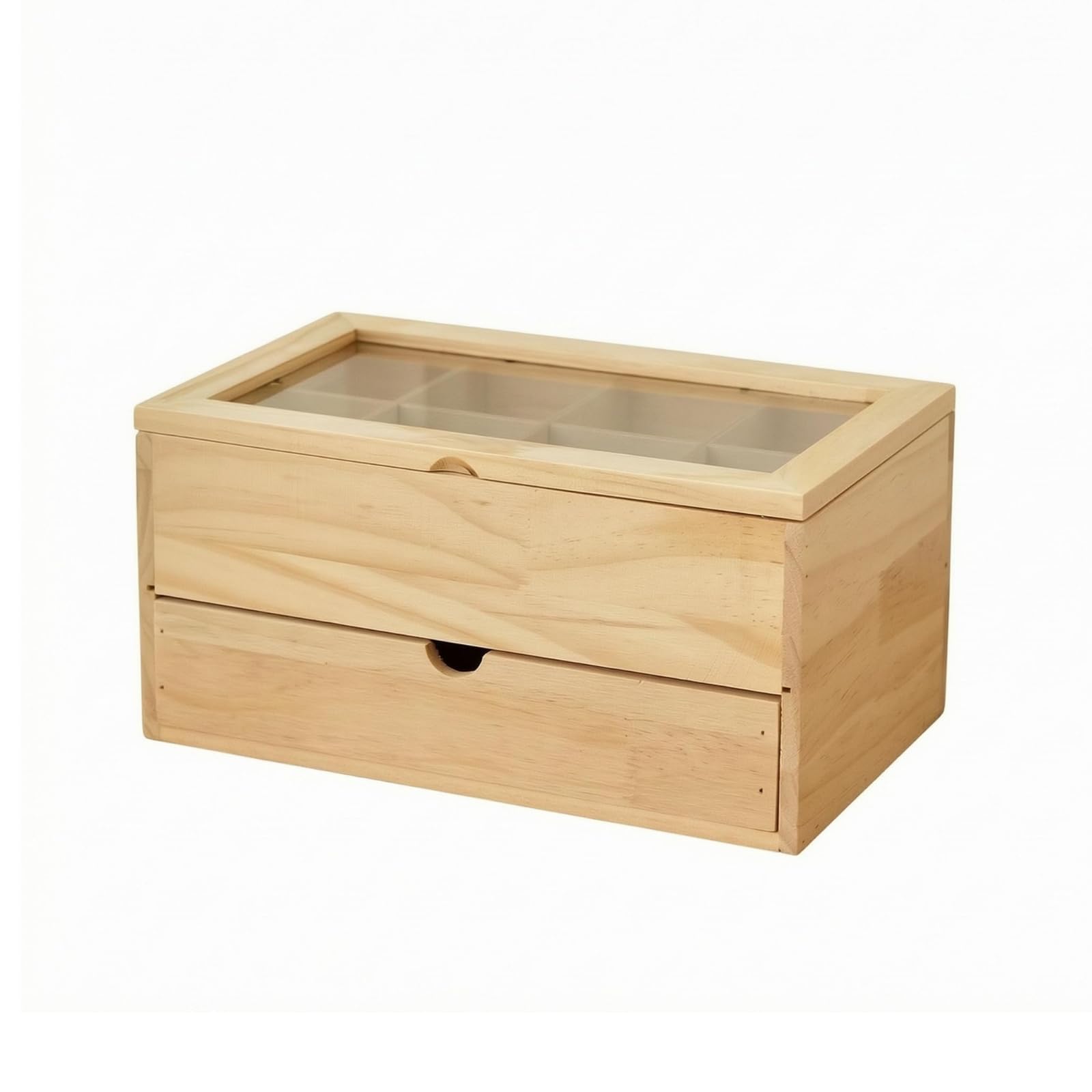 Colcolo Boîte de Rangement Thé en Bois Organiseur à Pochettes Coffret à Thé Boîte avec Tiroir Couvercle Transparent Bois Massif à Grain Apparent Rangement, Bois Clair