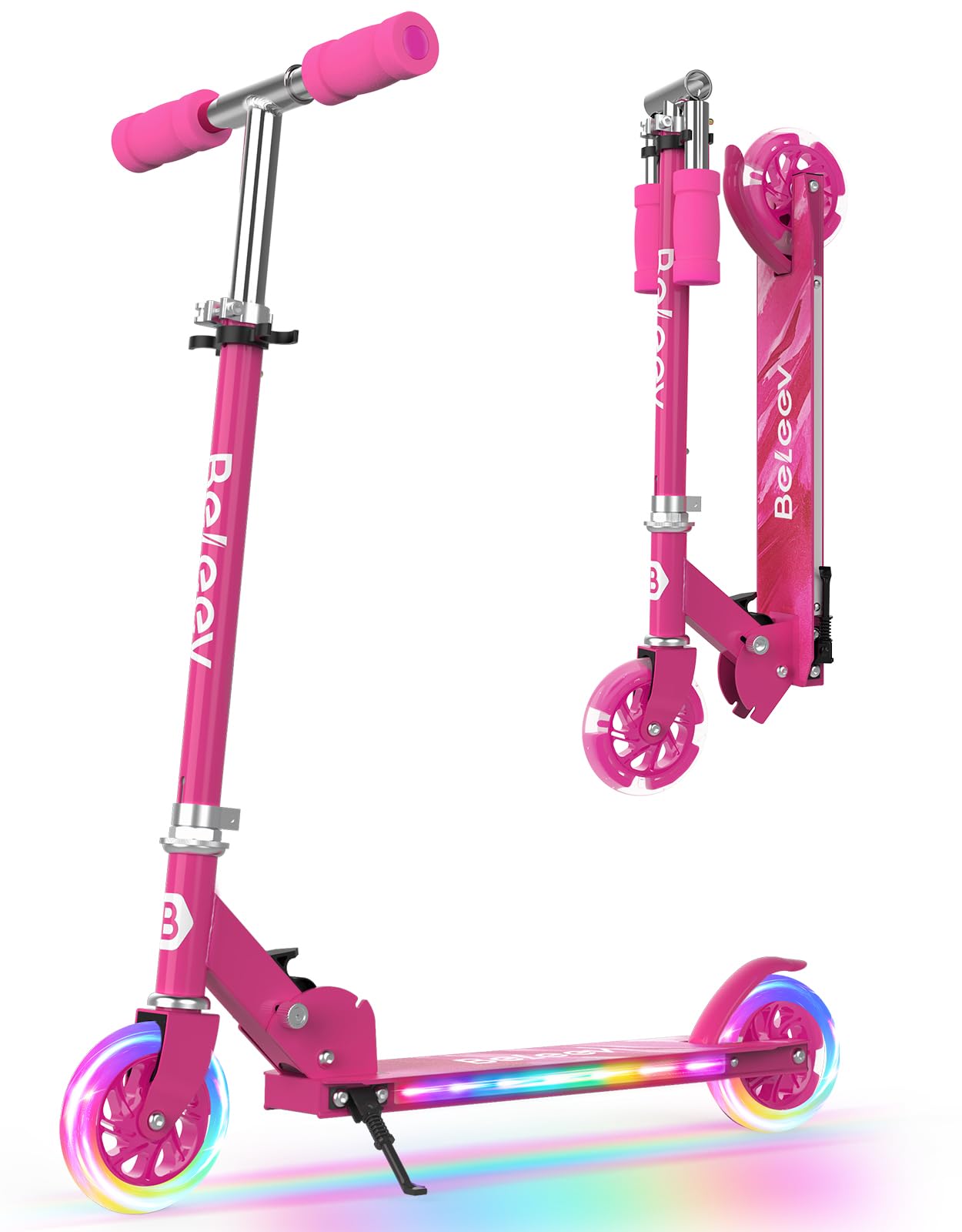 BELEEV V1Plus Patinete Niño Niña 3-12 Años, Plegable Patinete Infantil con LED Luce Ruedas & Deck, 3 Altura Ajustable, Soportes, Cubierta Antideslizante, Ligero Marco Resistente, Scooter for Kid