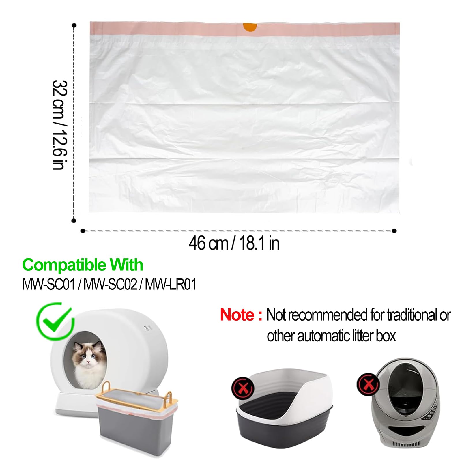 120 bolsas de basura para gatos de 18 x 12.6 pulgadas y bolsas de basura reemplazadas para caja de arena para gatos MW-SC01, bolsas gruesas y resistentes de repuesto para cajones de residuos para caja
