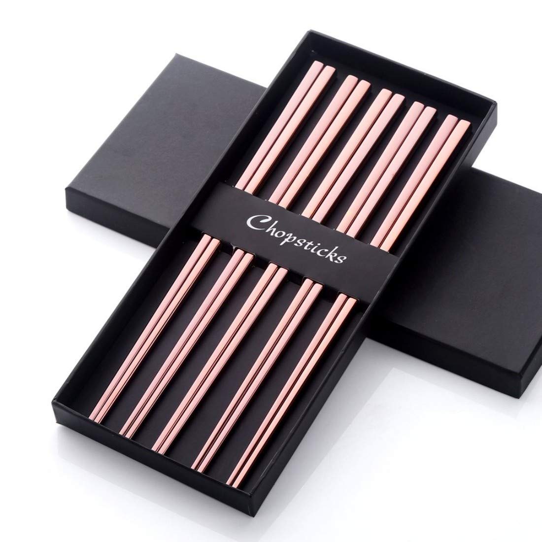5 Pairs Chopsticks Rose Gold Metal Chopsticks 18/10 Square Shape for China Hot Pot Japan Sushi Korean Cuisine Dinner Set