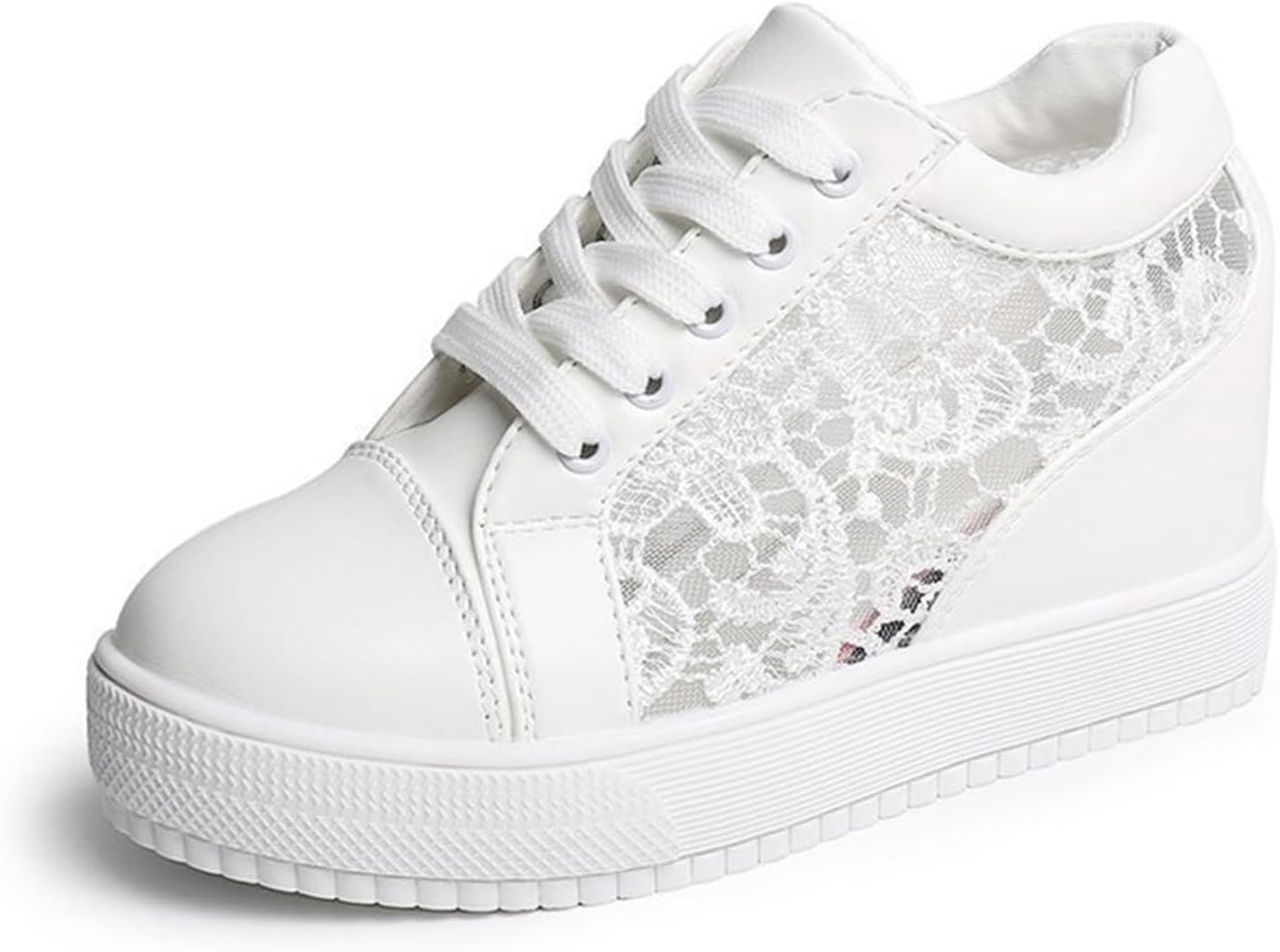 White Women's Fashion Hidden Heel Sneakers Lace-up Platform Wedge Sneakers Sandals Bride Wedding Casual Walking Shoes(White 1,41)
