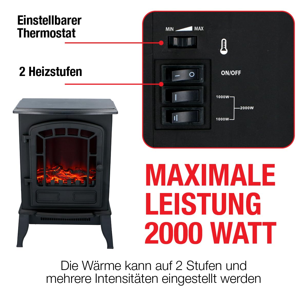 Torino Elektrokamin mit Heizung – Elektroheizung 2000W - Kaminofen mit Heizung, Schalttafel und Timer - Elektroherd mit LED-Flammen - Freistehend - Schwarz