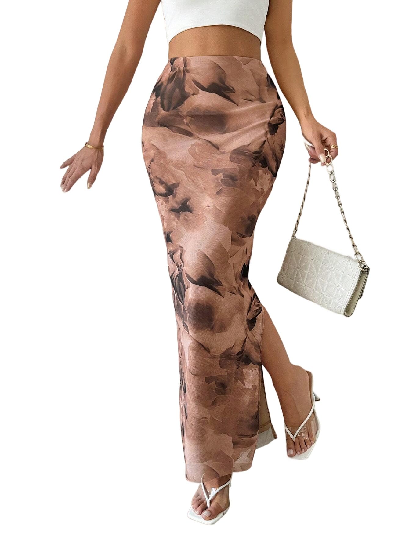 BJhaz Women's Floral Midi Fall Skirt Mesh Slit Split Long Maxi Skirts Women Outfit