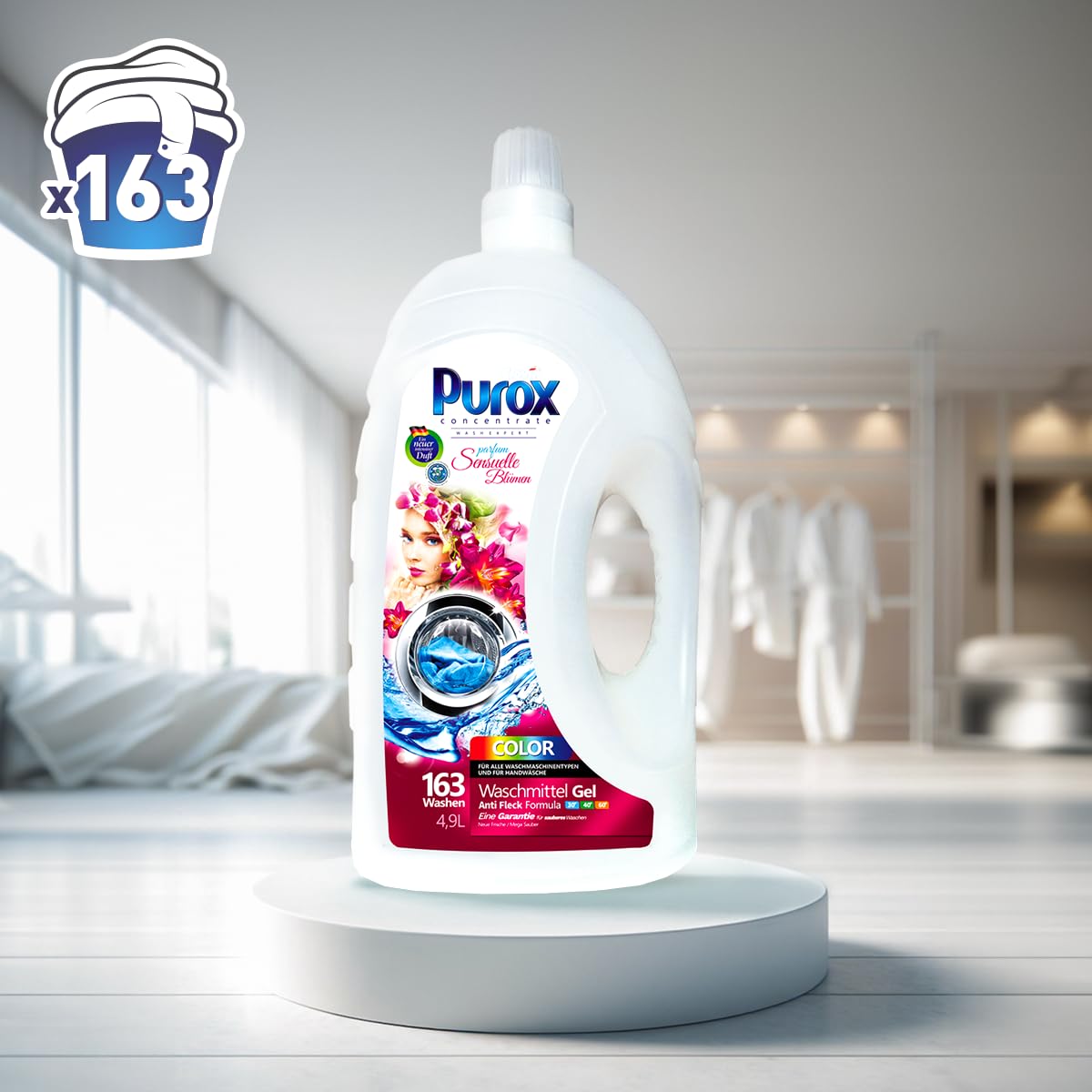 PUROX COLOR Detergente Lavadora Líquido Gel Sensuelle Blumen (163 Lavados) – para ropa de color, con fragancia floral, elimina manchas, ecológico, protección antical, 4,9 L (Paquete de 2)
