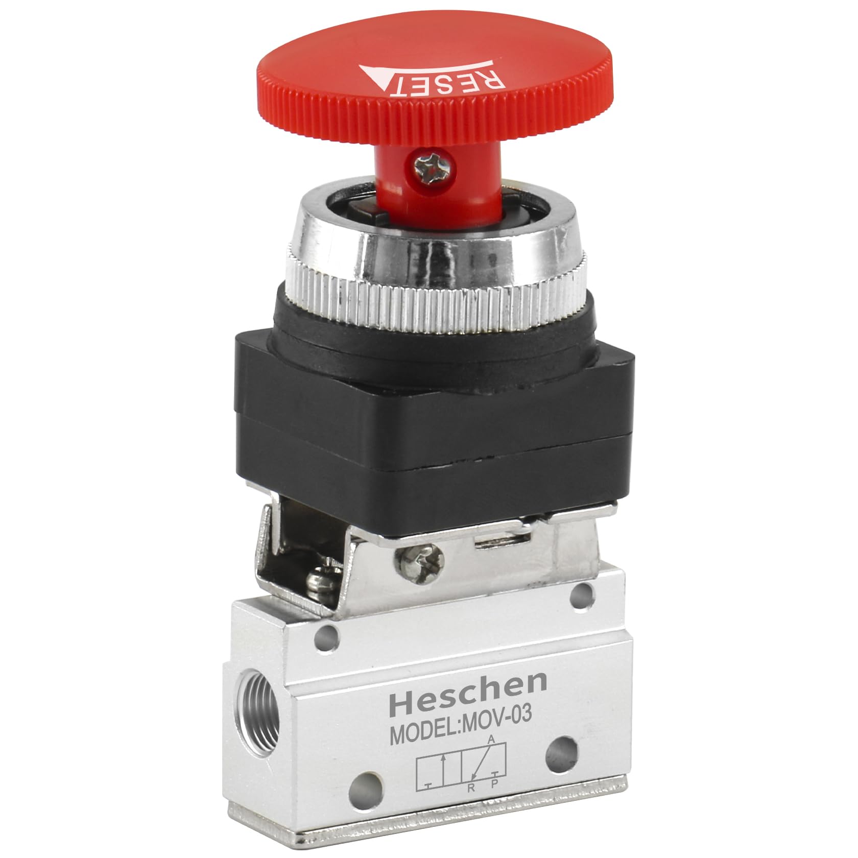 Heschen Red Pneumatic Mechanical Valve Mov-03, 1/8" Thread Port, 3 Way 2 Position, Mushroom Latching Push Button Valve