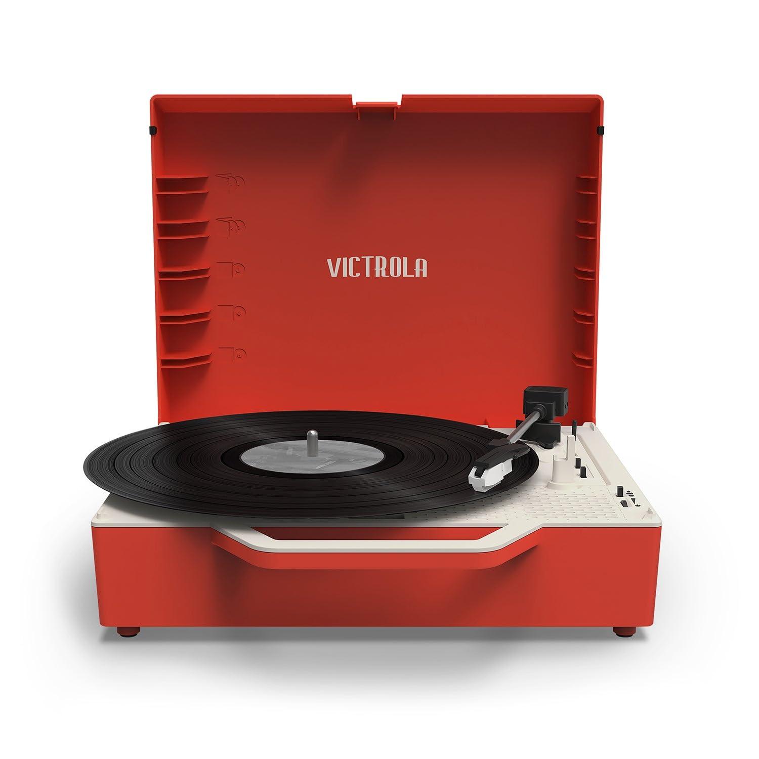 Victrola Re-Spin – Sustainable Suitcase Vinyl Record Player, 3-Speed (33 1/3, 45 & 78 RPM), Belt-Driven Bluetooth Turn Table with Built-in Bass Radiator, 3.5mm Headphone Jack (Red)