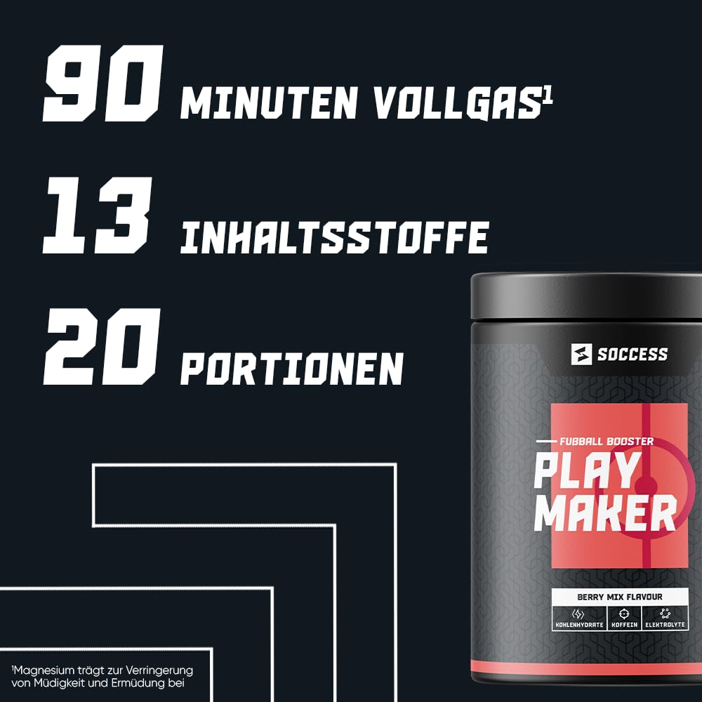 PLAYMAKER | Workout Booster speziell für Fußballer | Sport Drink mit Kohlenhydraten + Elektrolyten + Mineralien + Aminosäuren + Koffein | 20 Portionen | Berry-Mix