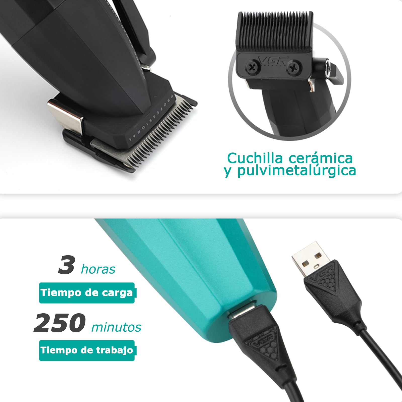 VGR 003 Cortapelos Profesional Inalámbrico, Máquina de Cortar Pelo Hombre, Cuerpo Metálico, Motor 9000 RPM, Cuchillas Cerámicas, LED, USB, Verde
