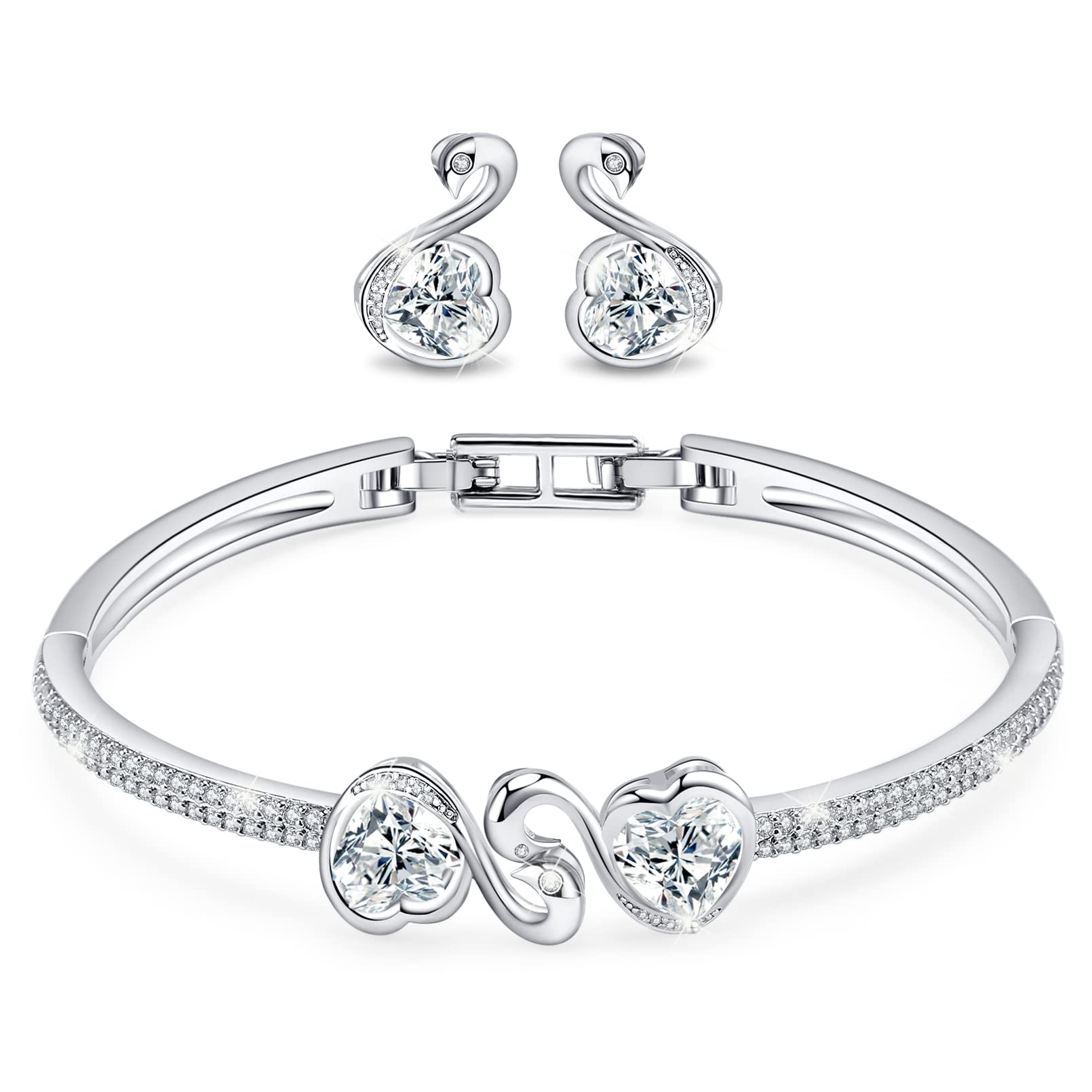 Menton Ezil Fashion Jewelry Twisted Swans Jewelry Sets for Women White Gold Plating Adjustable Bangle Bracelets and Earring Sets for Wife Girlfriend or Mothers Idea Gift for Mother's day