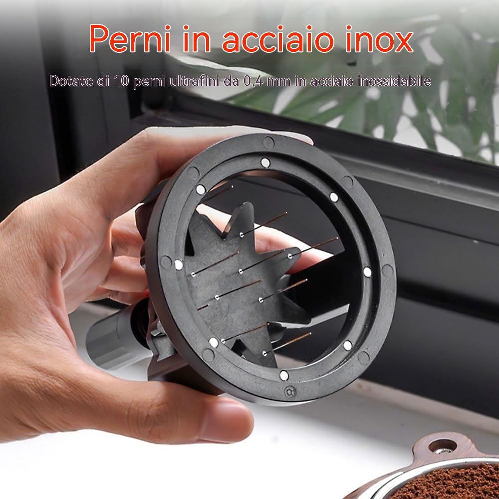 Strumento WDT 51/53/58mm regolabile per espresso – Utensile di distribuzione con 10 aghi in acciaio inox – Agitatore magnetico per caffè per macchina da espresso (53mm)