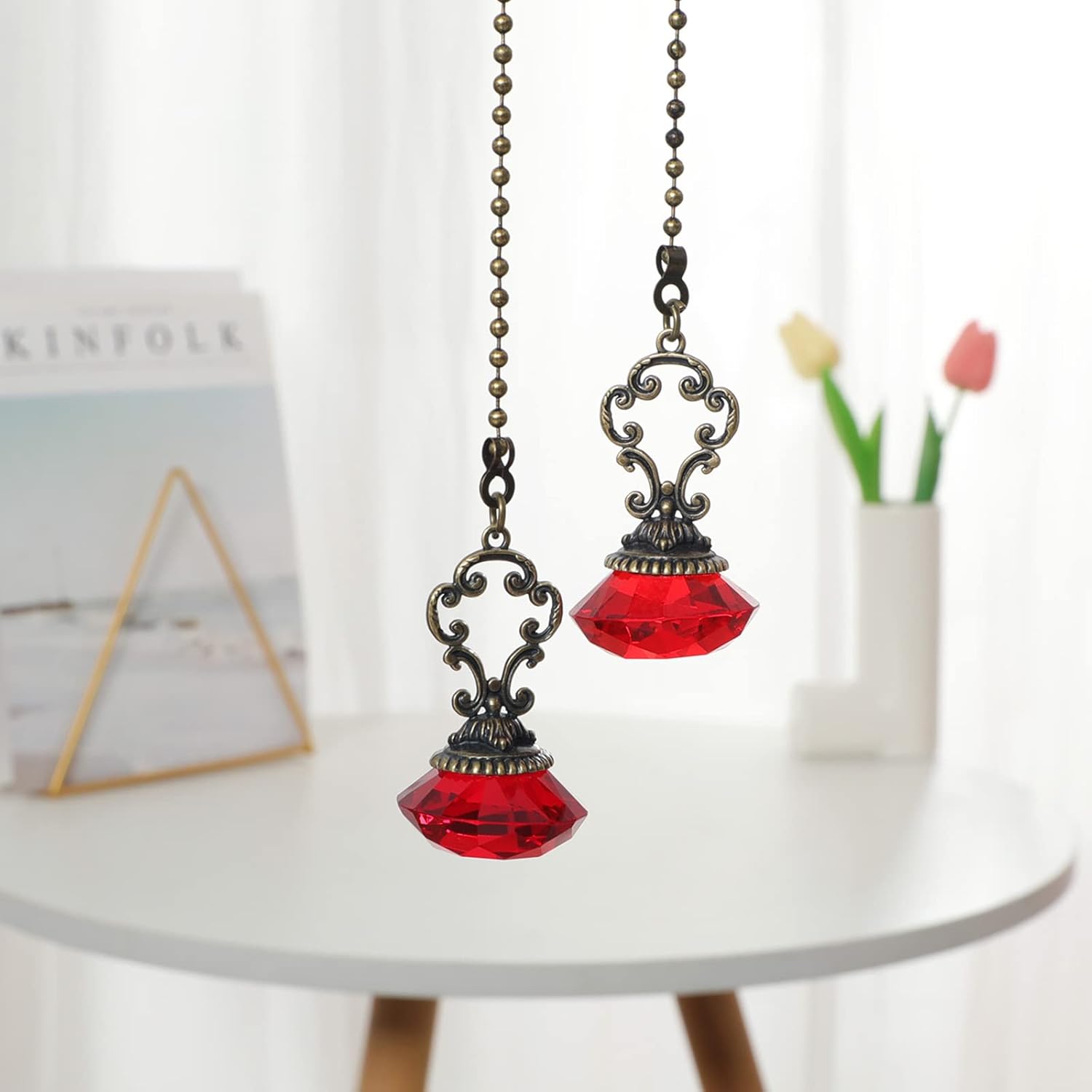 2pcs Red Crystal Fan Pull Diamond Drop Vintage Pull Chain Ceiling Pull Chain Extender with Connector