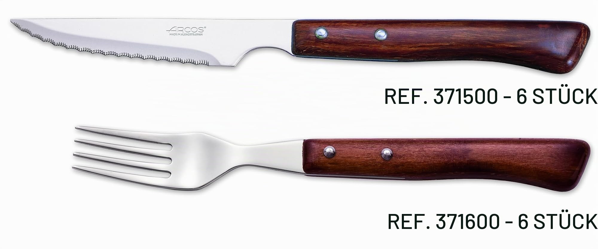 Arcos Besteckset 12-teilig - 6 Steakmesser und 6 Gabeln aus Buchenholz und Edelstahl, Ideal für Fleisch - Braun, Serie Mesa