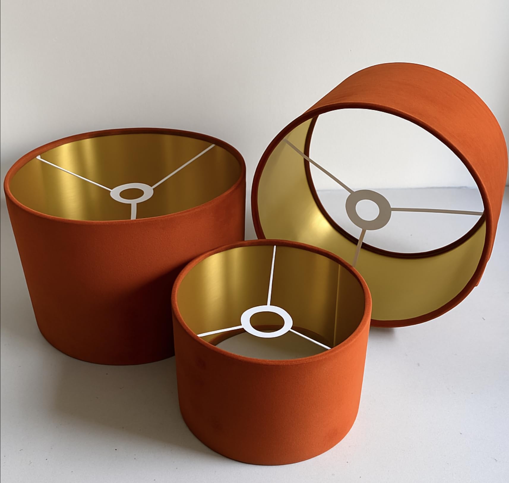 Plush Velvet Lampshade for Ceiling Shade, Table, Floor Lampshade with Brushed Gold Lining Handmade in The UK. (Orange, Diameter 25 x 20cm Height)