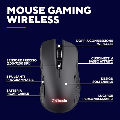 Trust GXT 931 Ybar Mouse Gaming Wireless Bluetooth + 2.4GHz Latenza Ultra Bassa, Programmabile, 200-7200 DPI, 70% Plastica Riciclata, Mouse Senza Fili Ricaricabile per Laptop PC Computer, Nero - Mouse gaming - Immagine 1