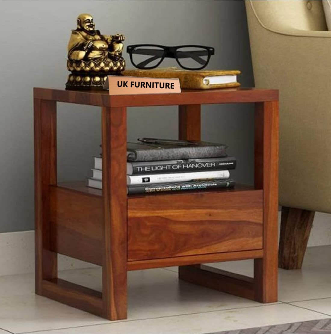 UK FURNITURE Solid Sheesham Wood Modern Bedside Table with 1 Drower | Sofa Side Table Night Stand Table Tea Table | Bedroom & Living Room Hall Office Outdoor and Indoor Furniture - (Honey Brown)