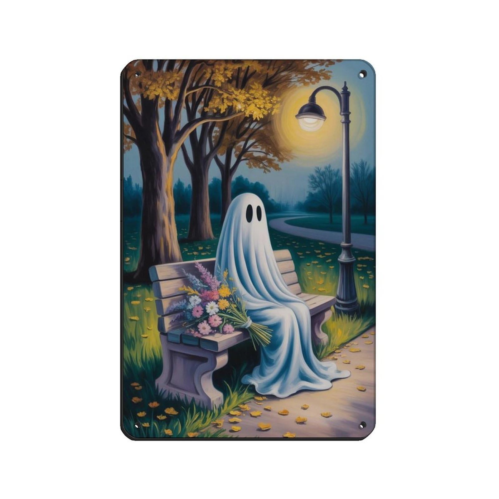 Ghost with Flowers on The Bench Poster (2) Tin Sign Vintage Metal Pub Club Cafe Bar Home Wall Art Decoration Poster Retro 8x12inch(20x30cm)