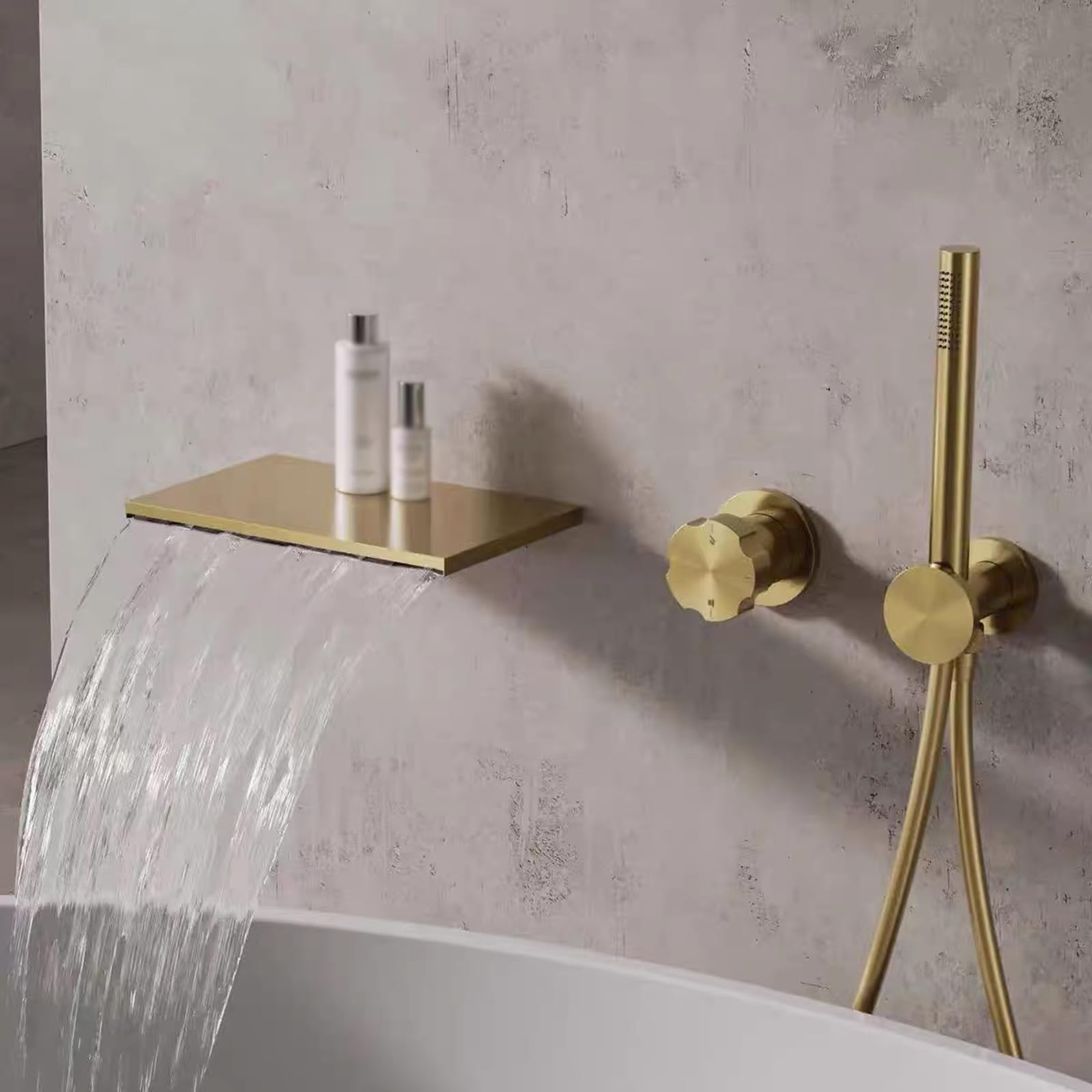 Mitigeur bain encastré en laiton gris avec cascade et pommeau de douche LWX