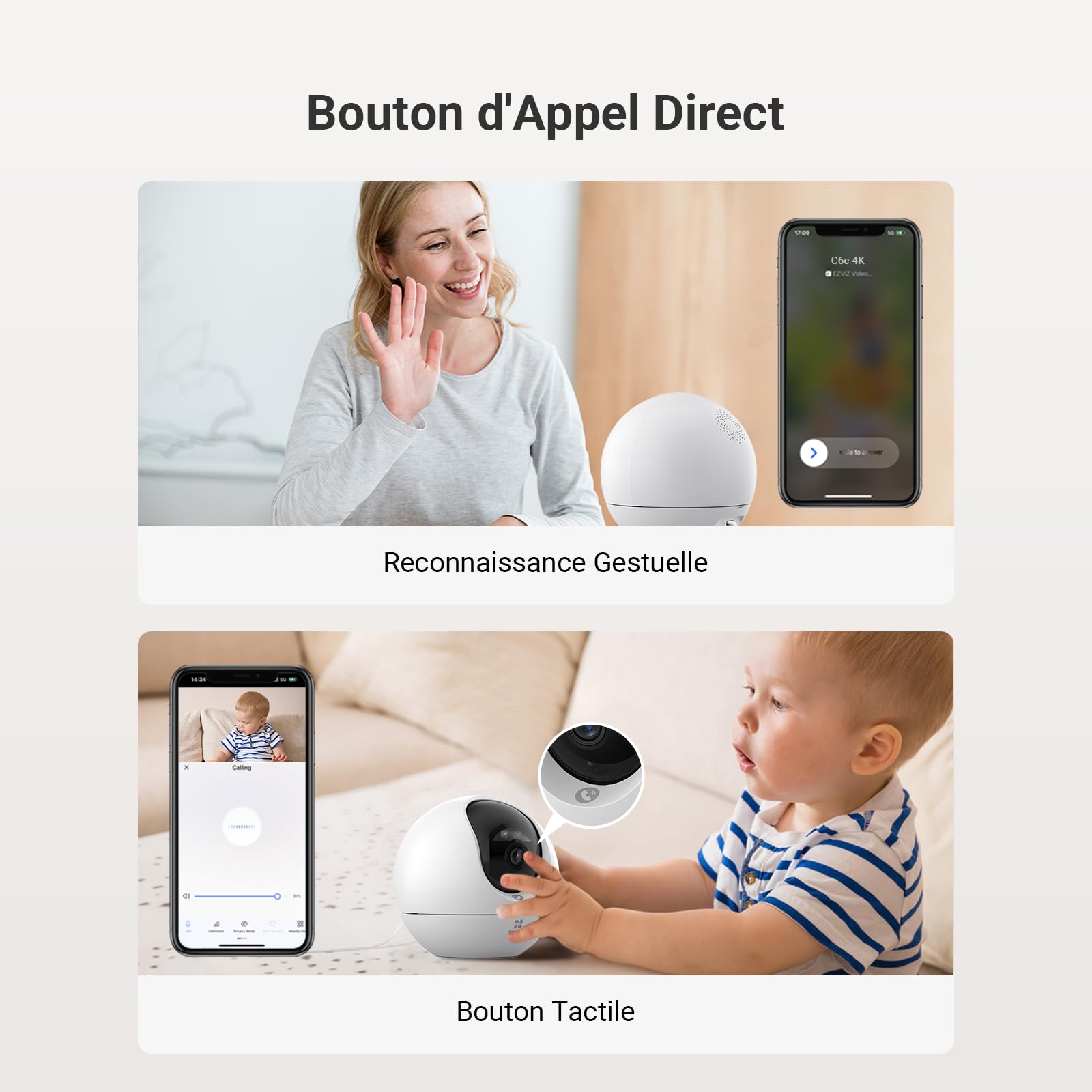 EZVIZ C6c 2K Caméra Surveillance WiFi Intérieure, Caméra 360° avec Détection Humaine AI, Suivi Intelligent, Audio Bidirectionnel, Vision Nocturne Couleur avec Lentille Starlight pour Bébé/Animaux