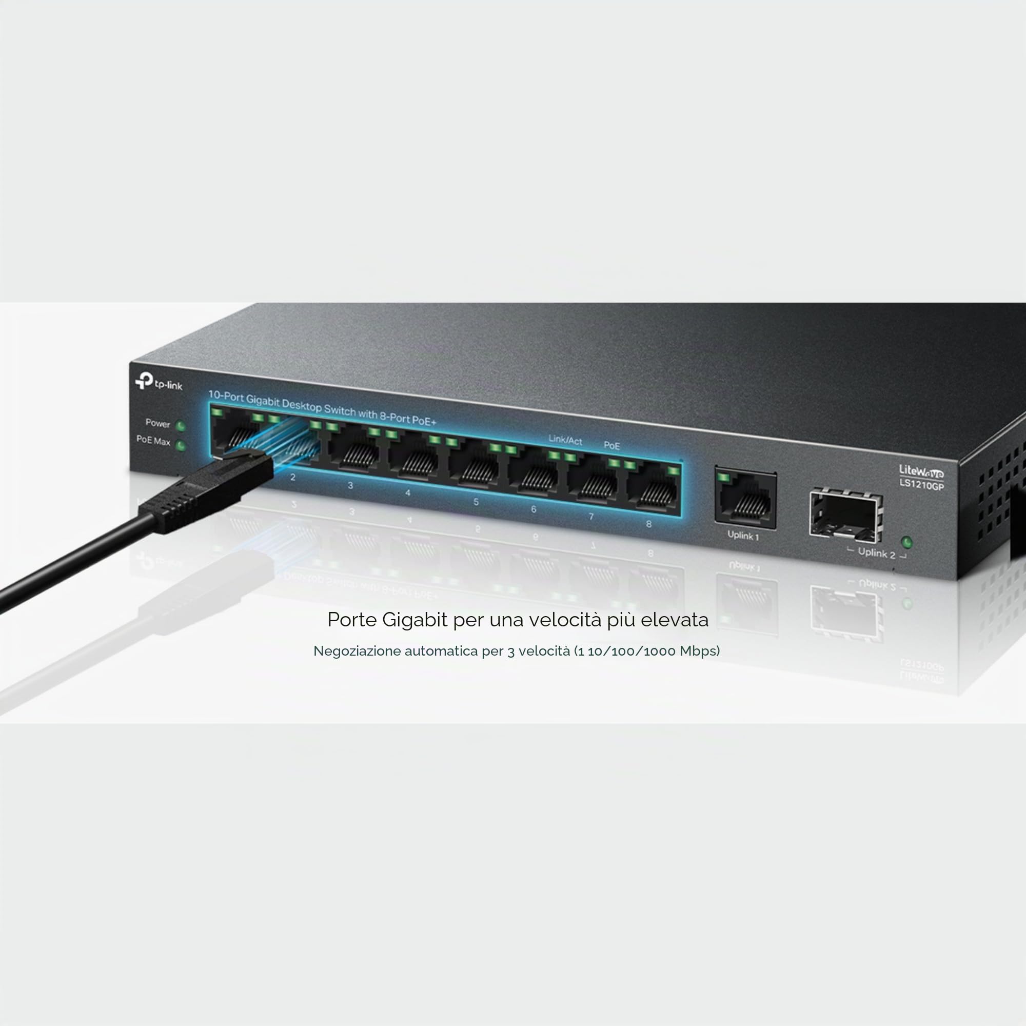 TP-Link Switch Desktop Gigabit a 10 Porte Con PoE+ a 8 Porte, Budget PoE da 61 W, Trasmissione Fino a 250 m, Separazione del Traffico, Plug and Play, Senza Ventola, Custodia