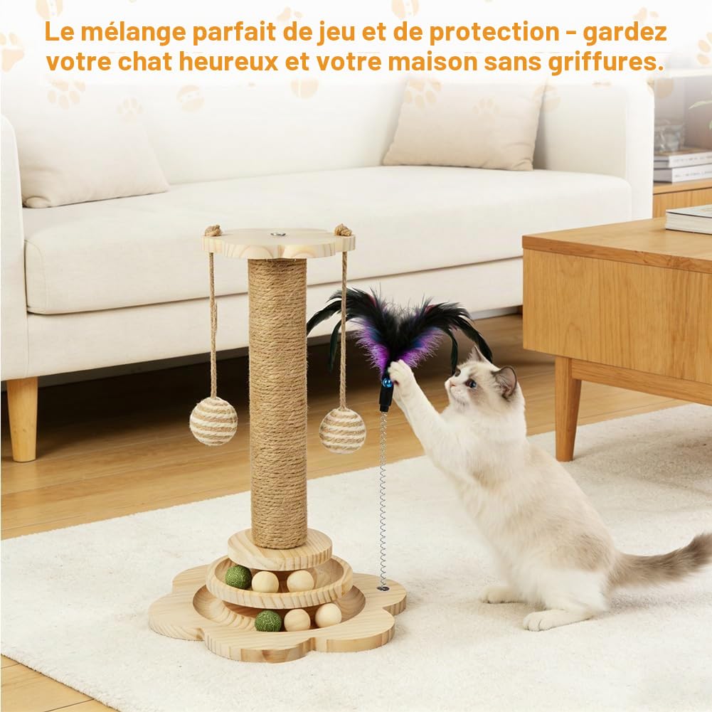Vicloon Poteau Griffoir, 40cm Colonne à Griffer, Poteau Griffoir en Sisal 4 en 1, Griffoir pour Chat avec Boules en Bois, Boules en Sisal Suspendues, Plumes, pour Chat Facile à Assembler