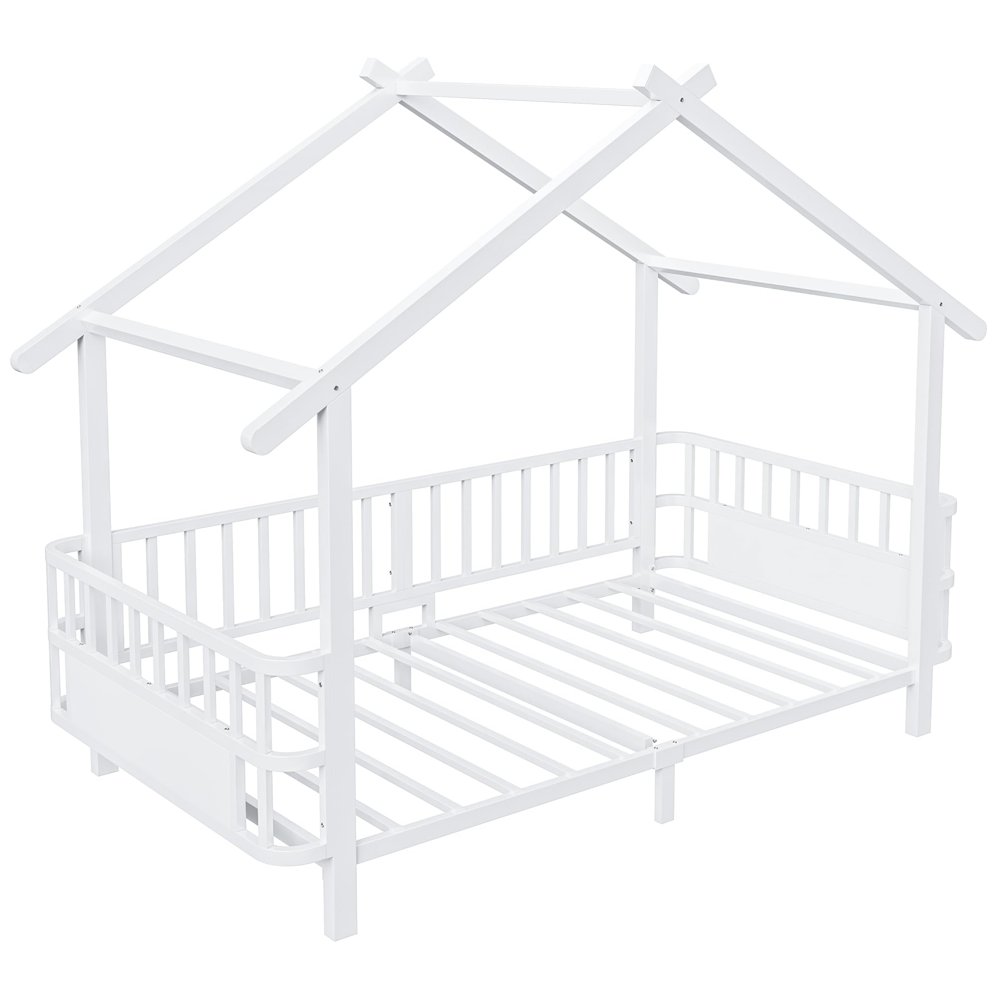 Merax Kinderbett aus Metall in Hausform 90x200 cm mit Sicherheitsgitter & Dachdesign – Weiß (Ohne Matratze)