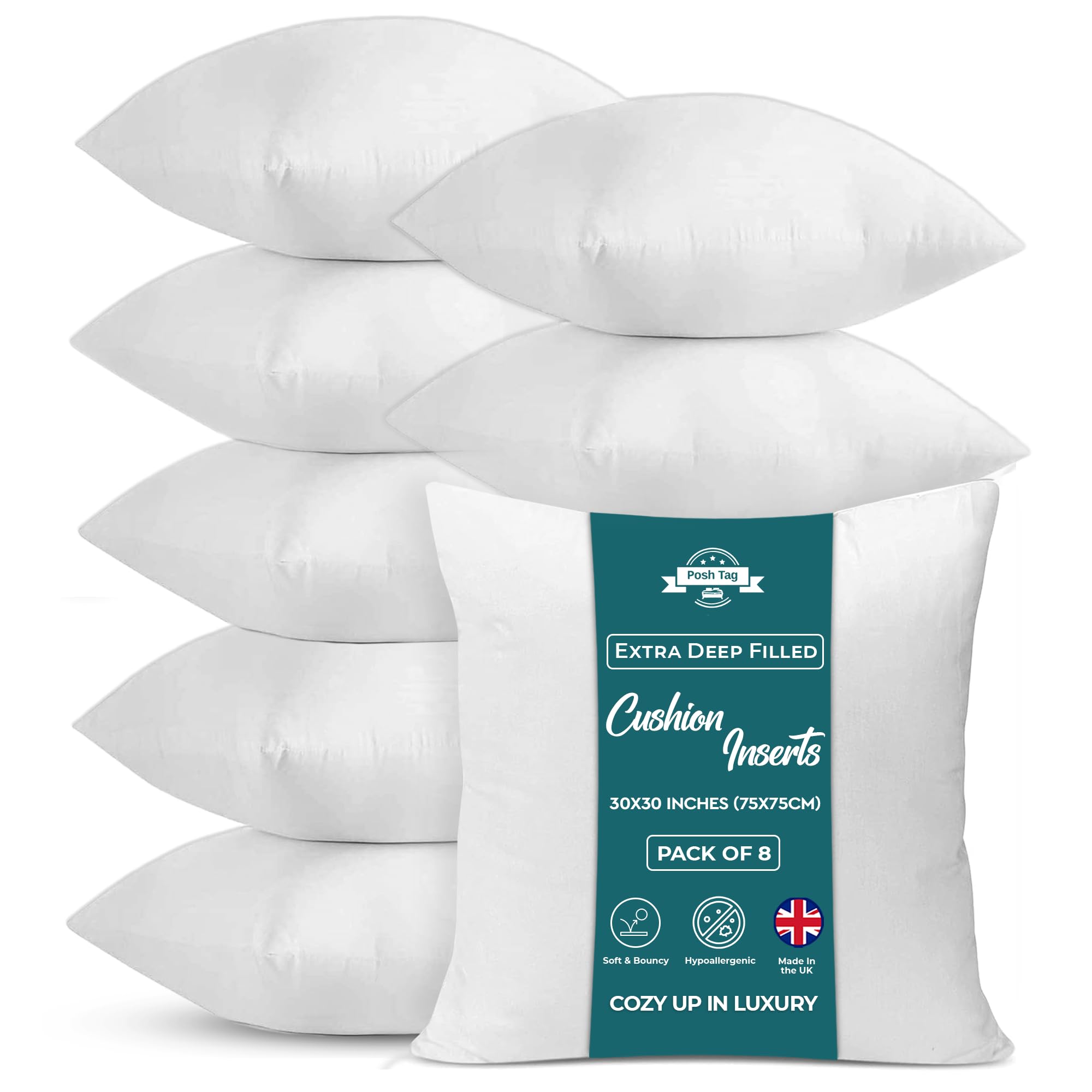 Pack of 8 Cushion Inserts 75x75cm (30x30 Inch) - Extra Deep Filled Hollowfibre Pillow Inners - Non-Allergenic Cushion Fillers & Stuffers — image 1