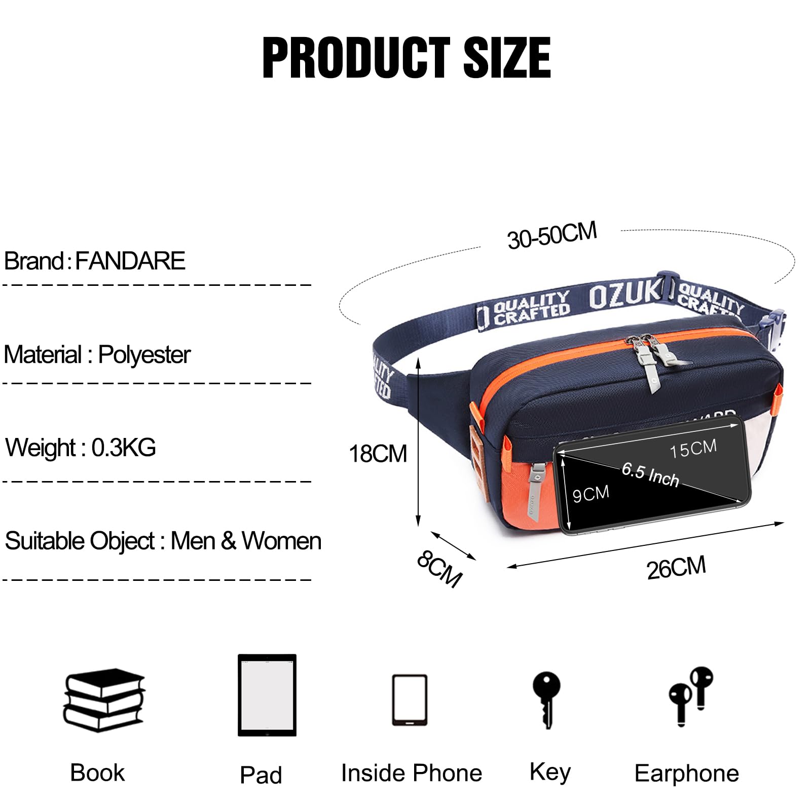 FANDARE Torba nerka na co dzień nerka nerka dla kobiet mężczyzn torba na ramię klatka piersiowa torba crossbody, pokrowiec na piesze wędrówki, jazdę na rowerze, podróże, do uprawiania sportu na