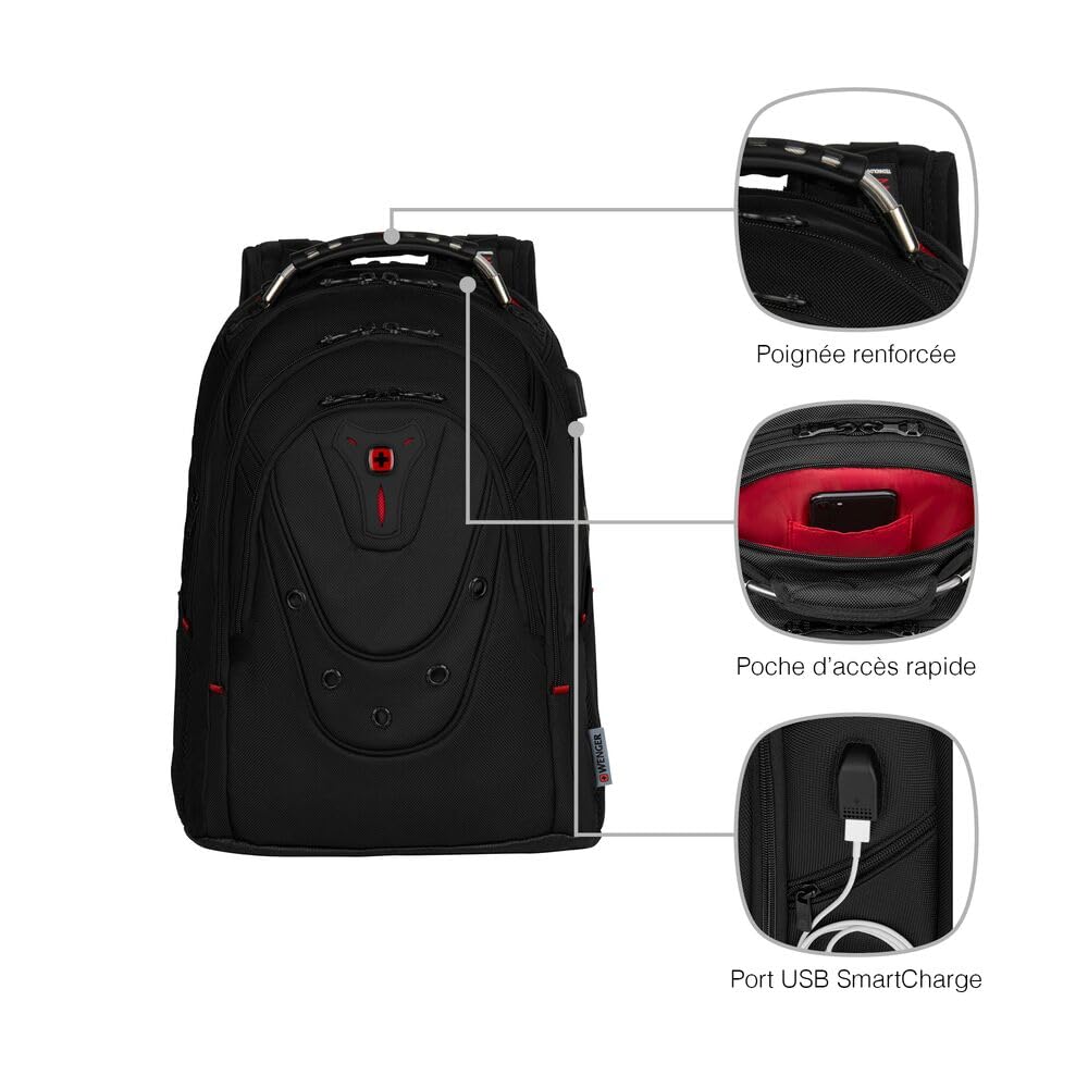 WENGER Ibex Deluxe Sac à Dos pour Ordinateur Portable 14-16 Pouces, Tablette Tactile 10 Pouces, 26 l, Femmes Hommes, Affaires Uni École Voyages, Noir, 606493