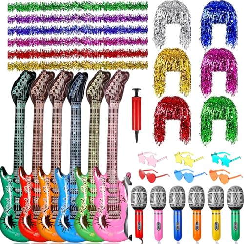 31Pcs Inflatable Party Props Set Inflatable Instruments Guitar Microphone Set 6 Foil Tinsel Wig 6 Strips of Feather Boas Eyeglasses Colorful Boa Party Photo Booth Props Decorations for Adults