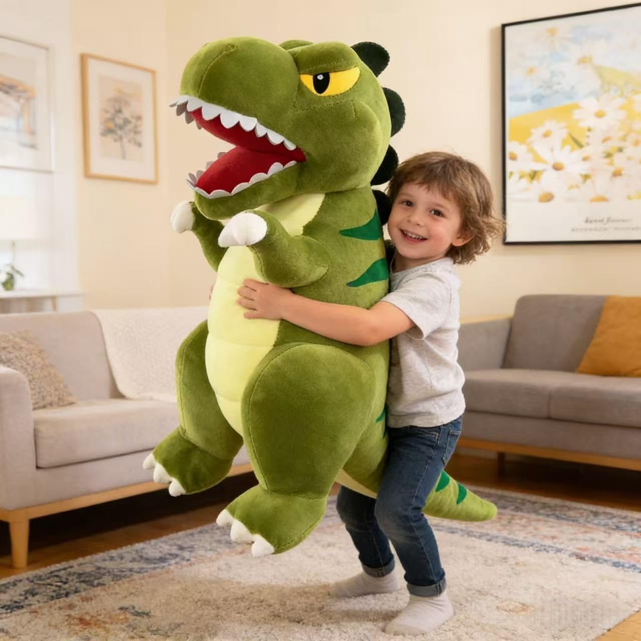 Generisch Peluche a forma di dinosauro, XXL gigante dinosauro, morbido peluche T-Rex per coccolare e sedersi, regalo per bambini e adulti (blu, 60 cm)